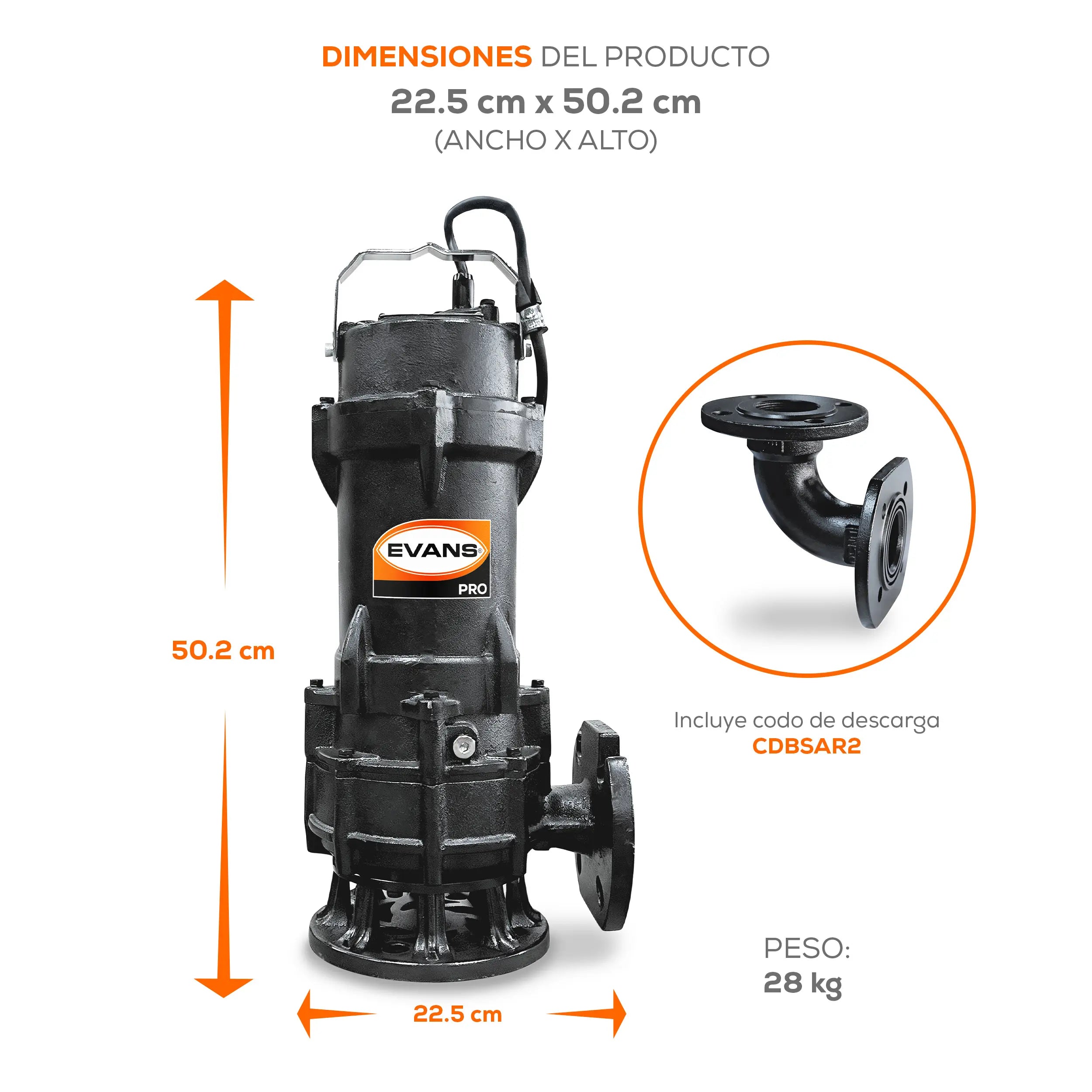 Bomba sumergible para aguas residuales 1 HP 400 LPM 440 V trifásico Marca EVANS. Modelo: BSAR2ME0100H
