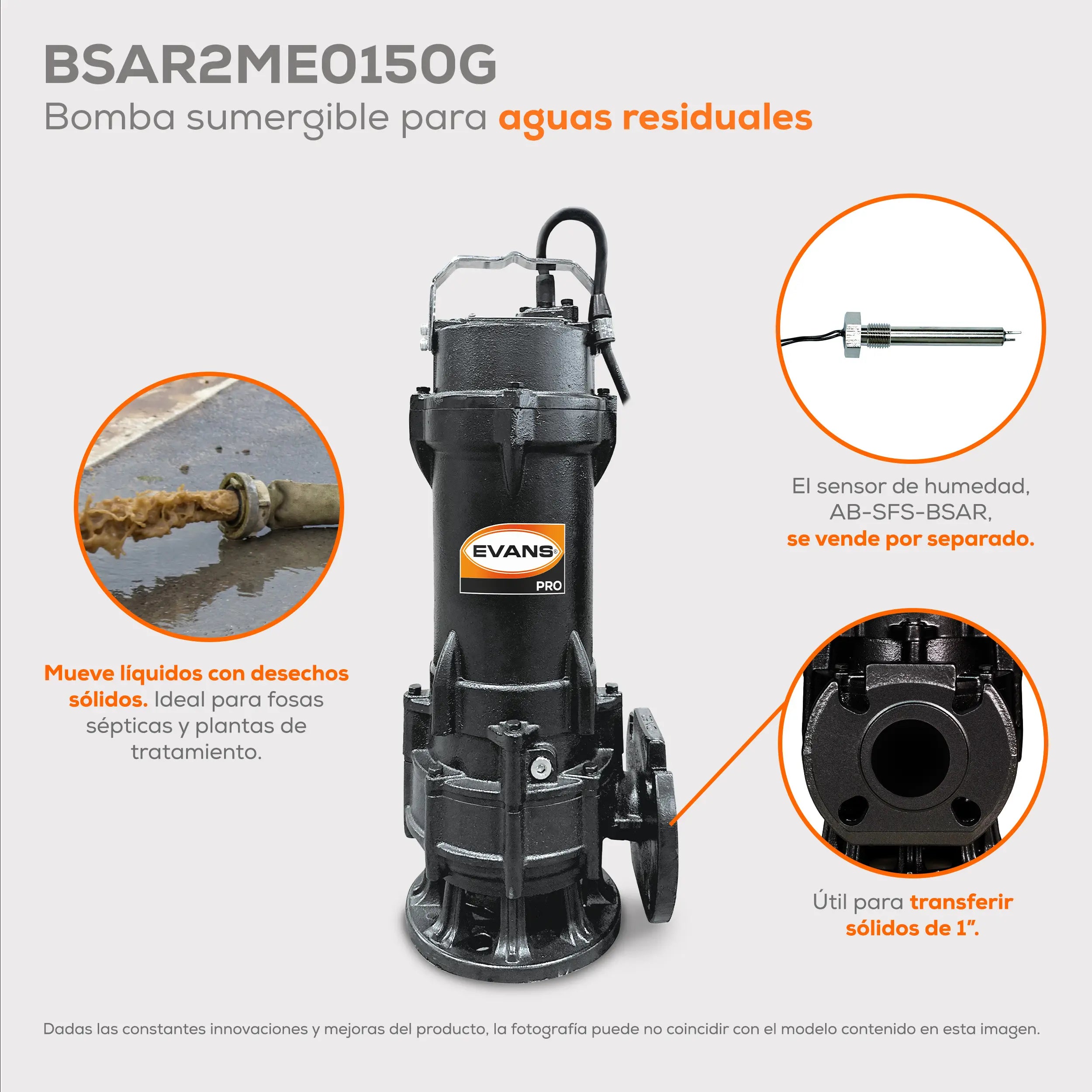 Bomba sumergible para aguas residuales 1.5 HP 530 LPM 220 V trifásico Marca EVANS. Modelo: BSAR2ME0150G