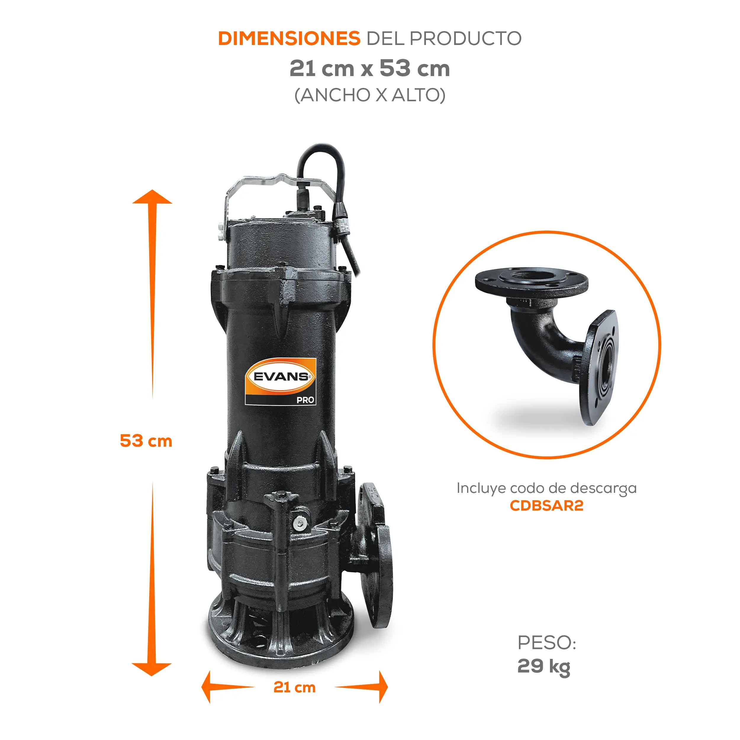 Bomba sumergible para aguas residuales 1.5 HP 530 LPM 220 V trifásico Marca EVANS. Modelo: BSAR2ME0150G