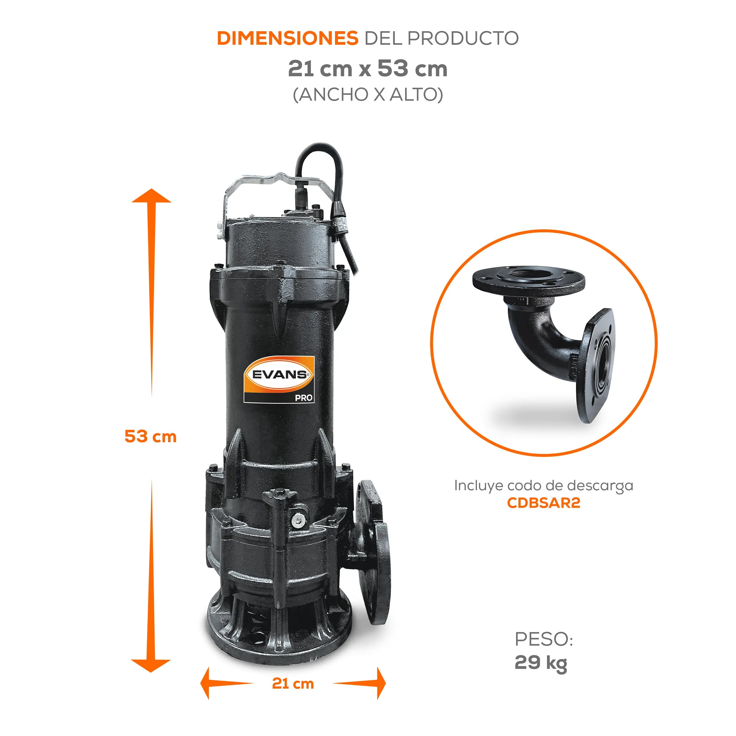 Bomba sumergible para aguas residuales 1.5 HP 530 LPM 440 V trifásico Marca EVANS. Modelo: BSAR2ME0150H