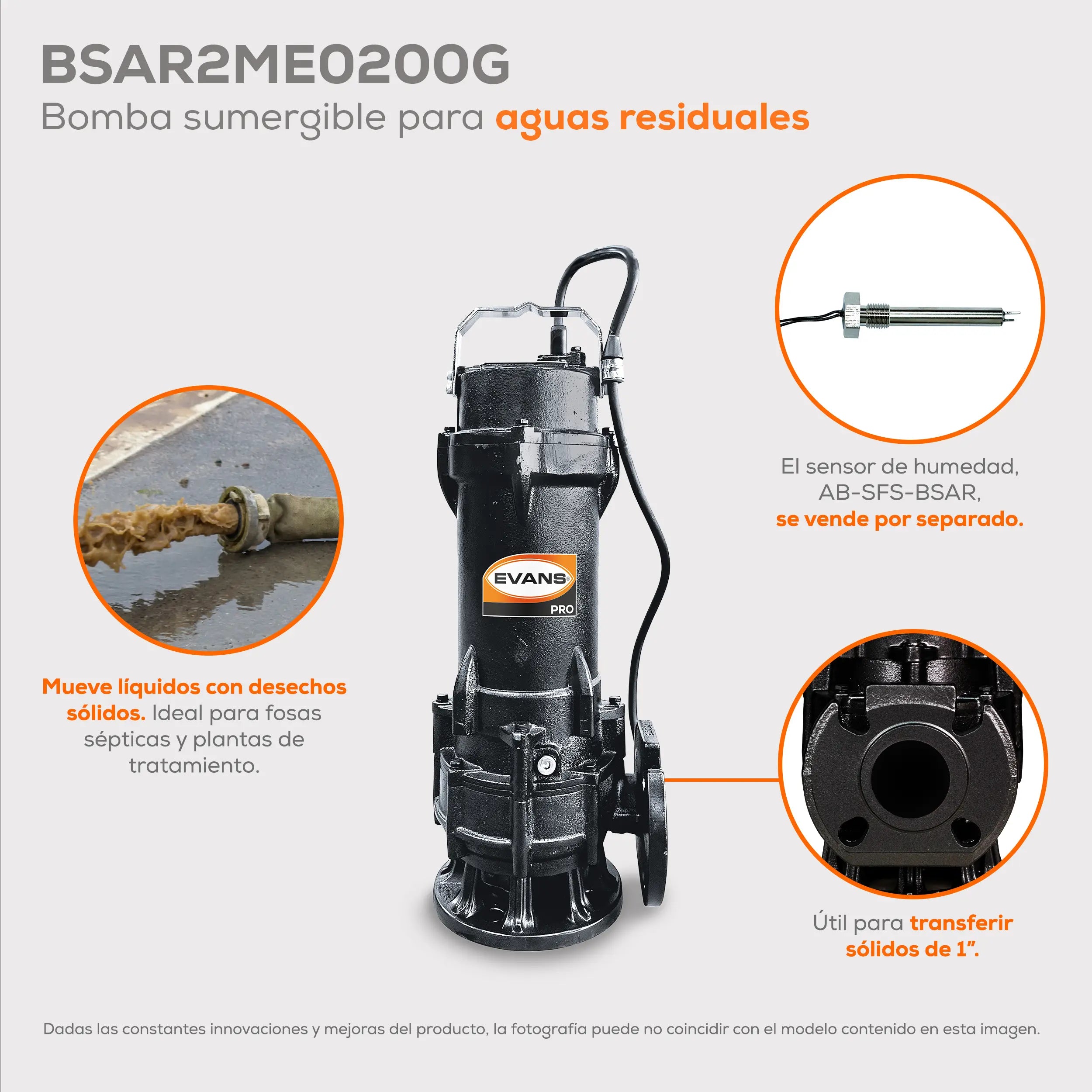 Bomba sumergible para aguas residuales 2 HP 570 LPM 220 V trifásico Marca EVANS. Modelo: BSAR2ME0200G