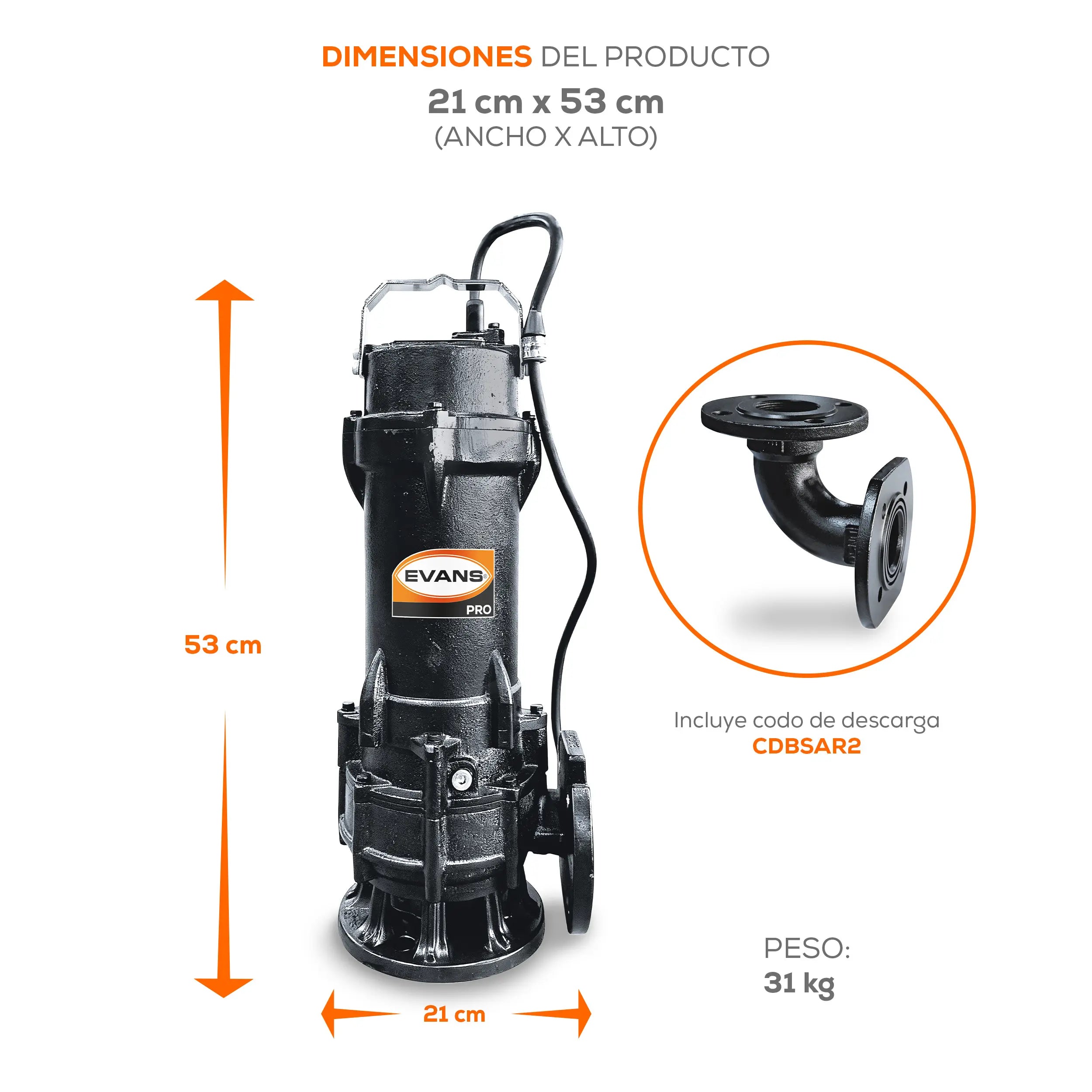 Bomba sumergible para aguas residuales 2 HP 570 LPM 440 V trifásico Marca EVANS. Modelo: BSAR2ME0200H