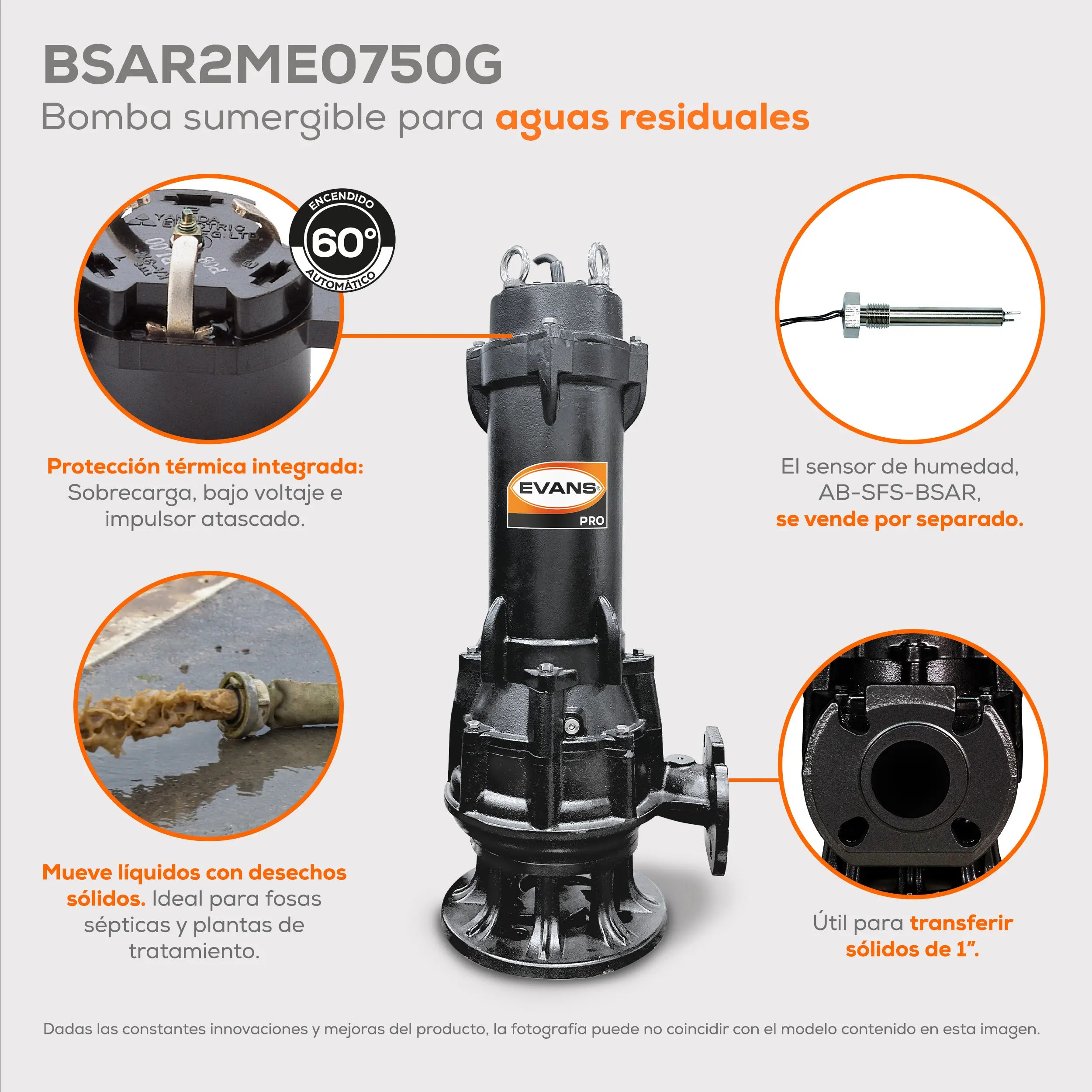 Bomba sumergible para aguas residuales 7.5 HP 860 LPM 220 V trifásico Marca EVANS. Modelo: BSAR2ME0750G