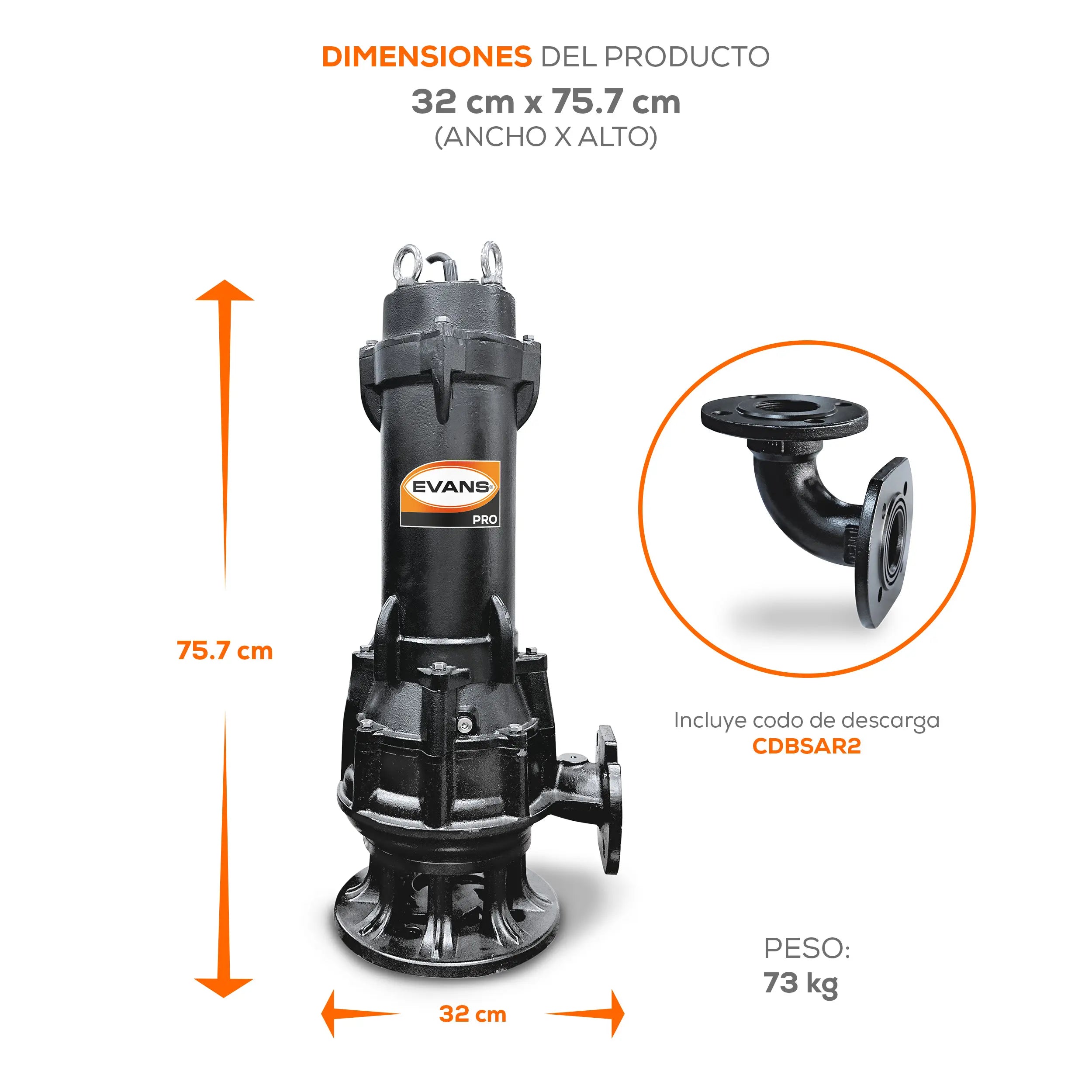 Bomba sumergible para aguas residuales 7.5 HP 860 LPM 220 V trifásico Marca EVANS. Modelo: BSAR2ME0750G