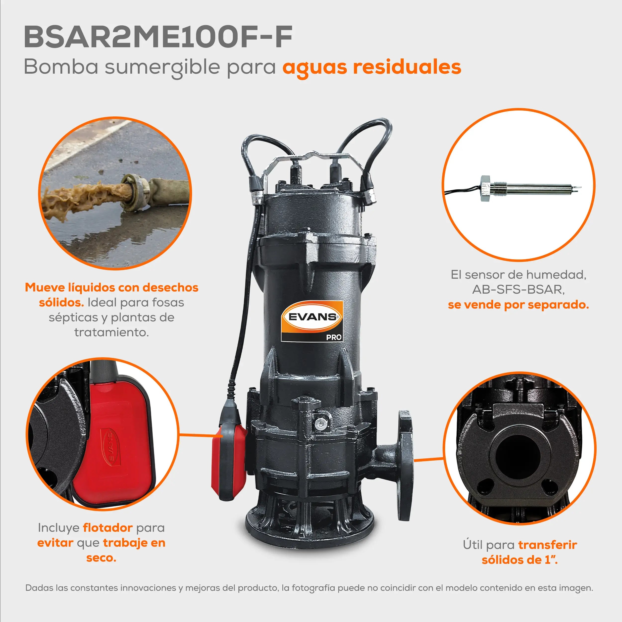 Bomba sumergible para aguas residuales 1 HP 400 LPM 115 V monofásico Marca EVANS. Modelo: BSAR2ME100F-F