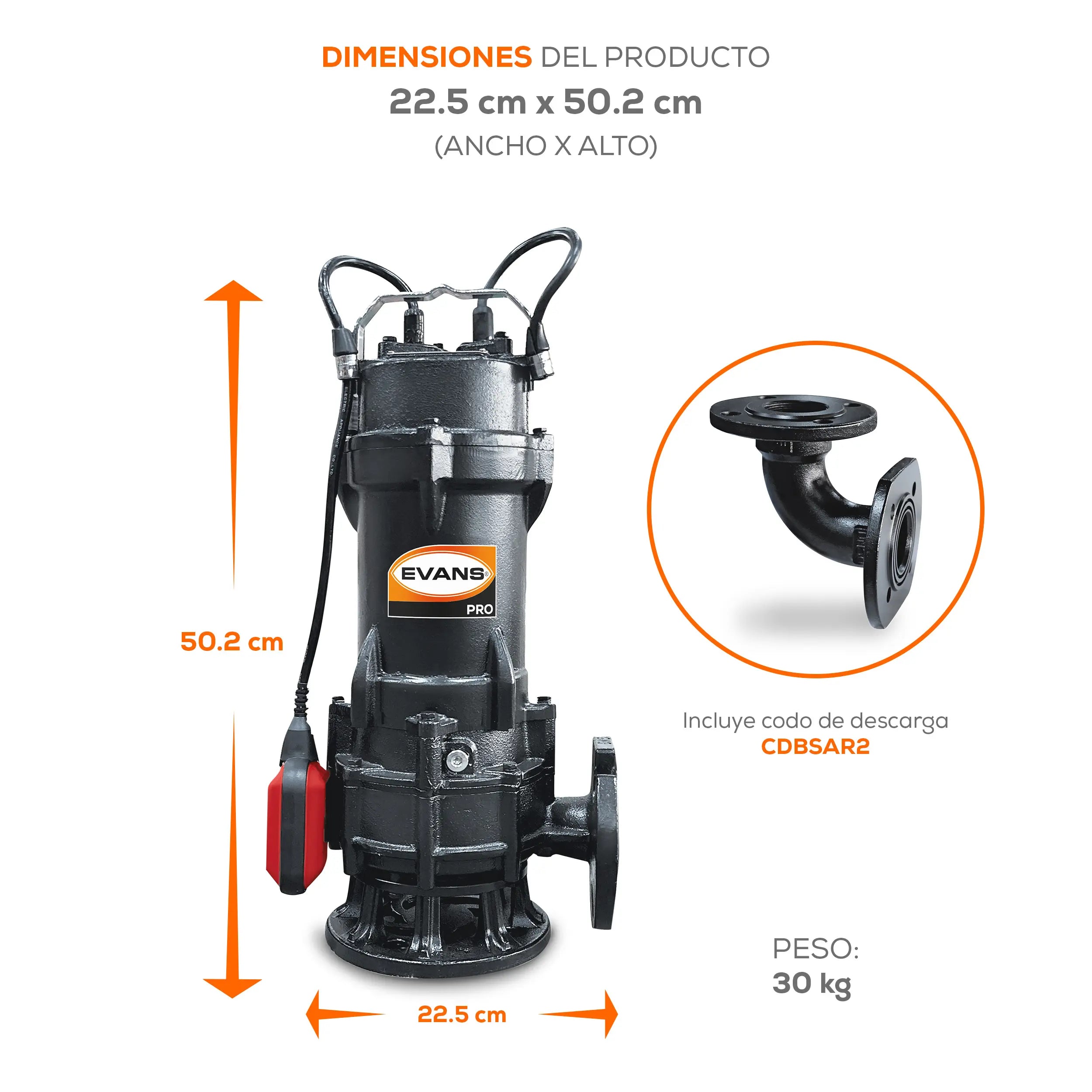 Bomba sumergible para aguas residuales 1 HP 400 LPM 115 V monofásico Marca EVANS. Modelo: BSAR2ME100F-F