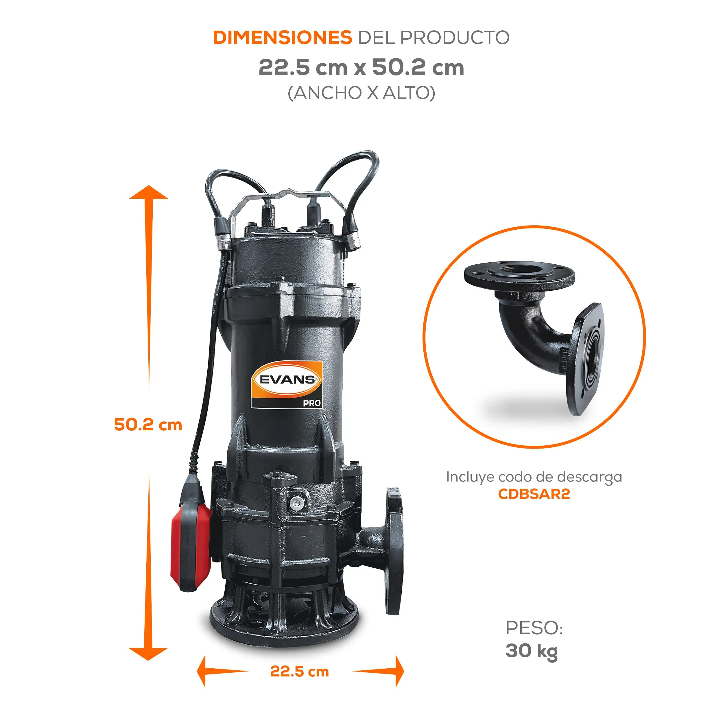 Bomba sumergible para aguas residuales 1 HP 400 LPM 220 V monofásico Marca EVANS. Modelo: BSAR2ME100G-F