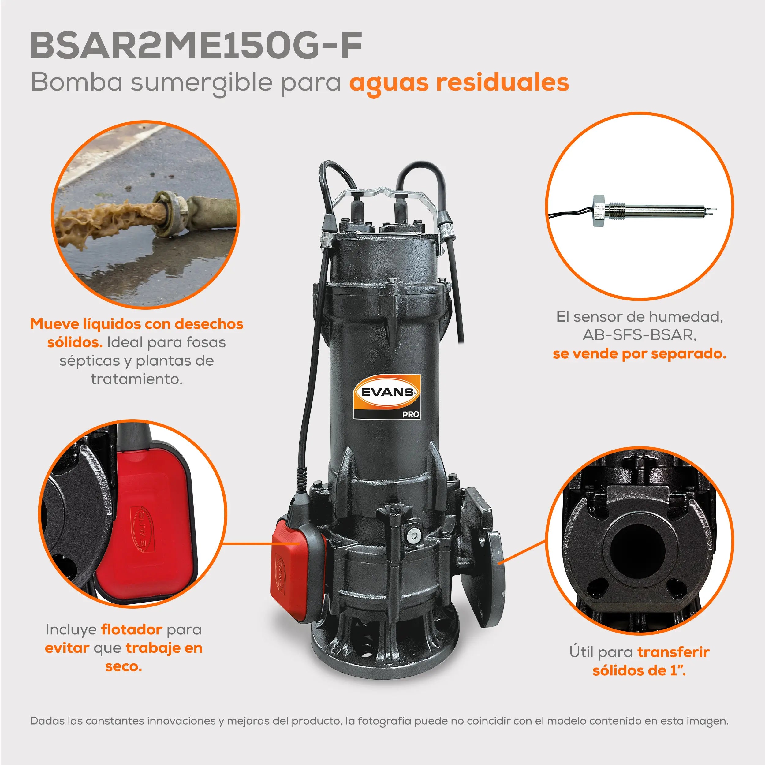 Bomba sumergible para aguas residuales 1.5 HP 530 LPM 220 V monofásico Marca EVANS. Modelo: BSAR2ME150G-F