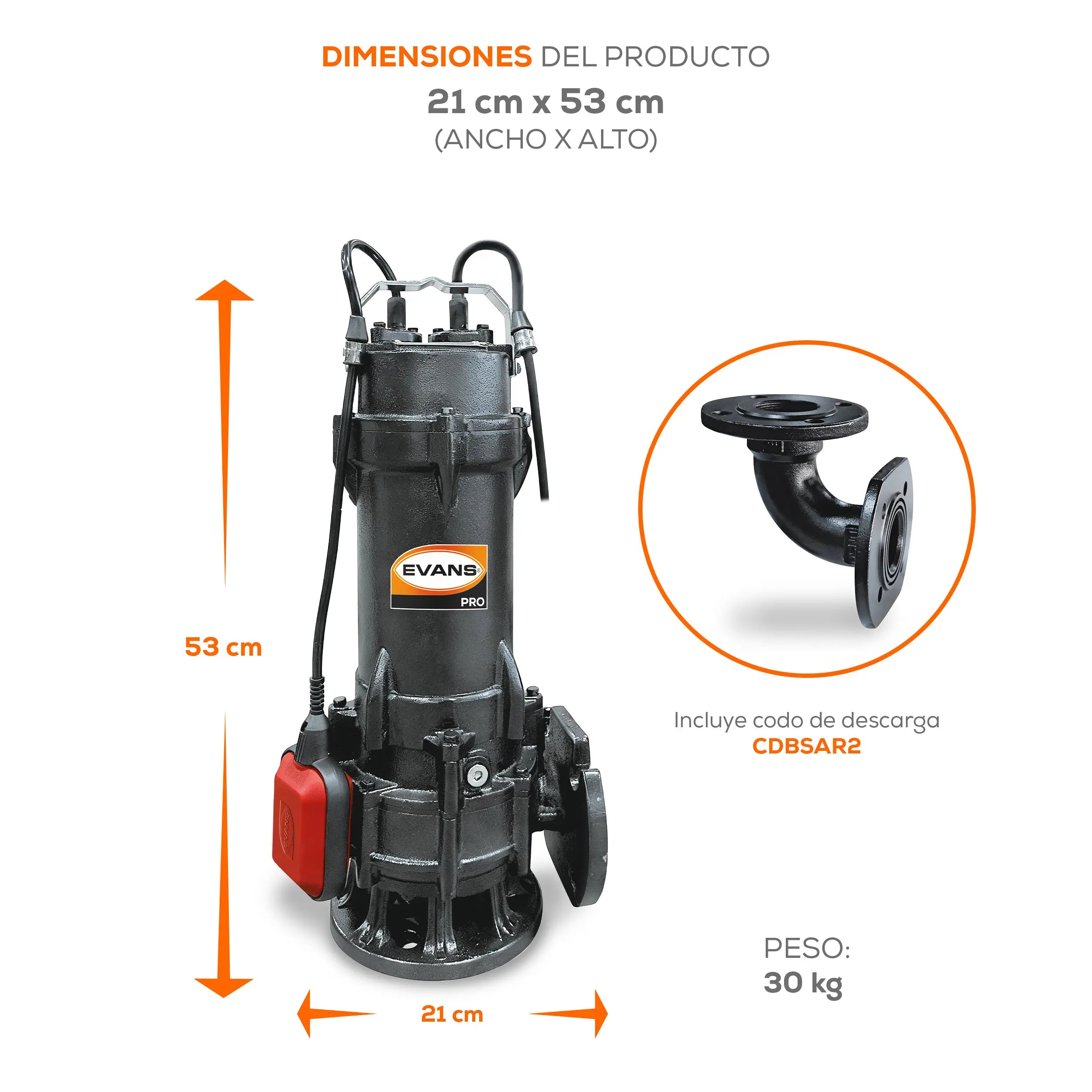 Bomba sumergible para aguas residuales 1.5 HP 530 LPM 220 V monofásico Marca EVANS. Modelo: BSAR2ME150G-F