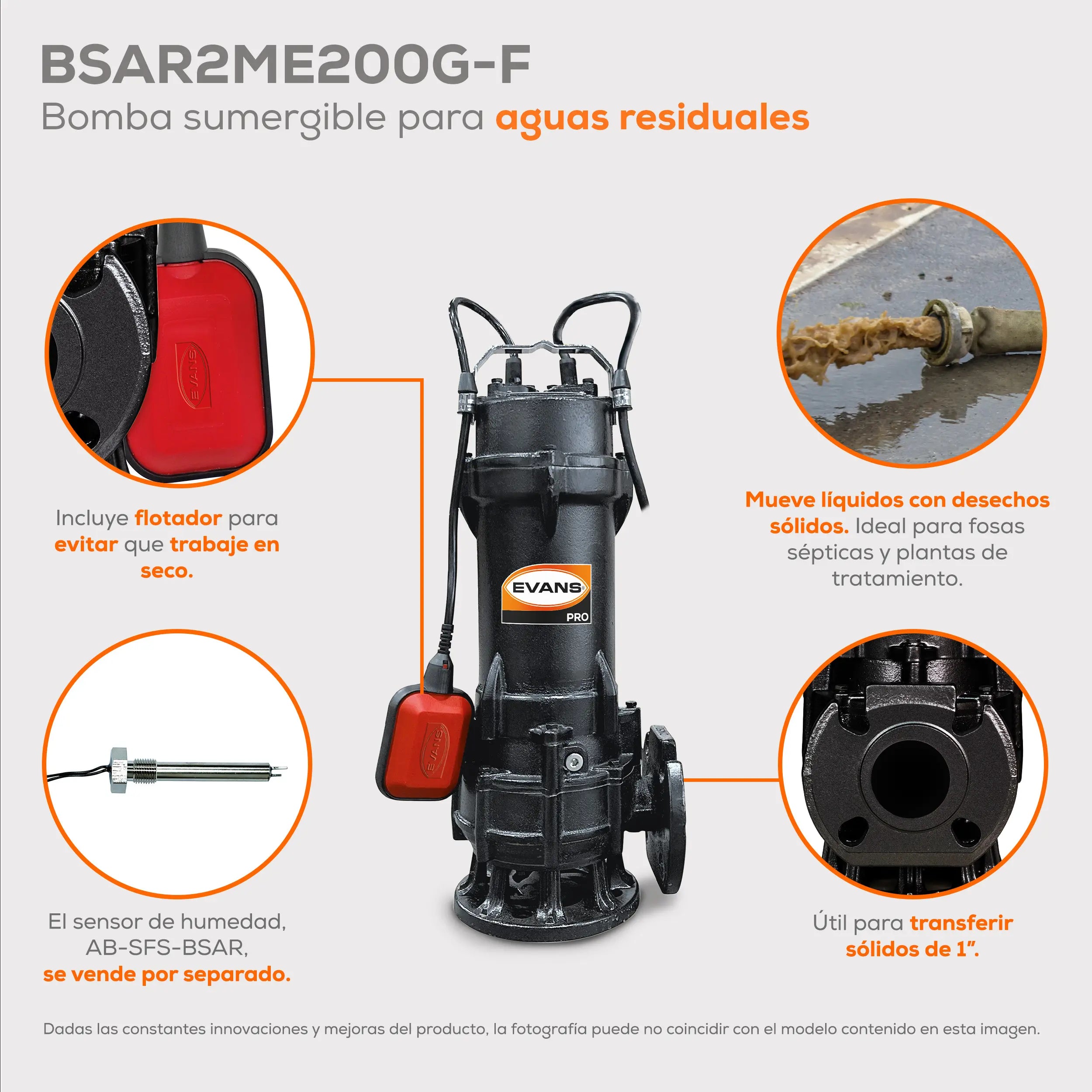Bomba sumergible para aguas residuales 2 HP 570 LPM 220 V monofásico Marca EVANS. Modelo: BSAR2ME200G-F