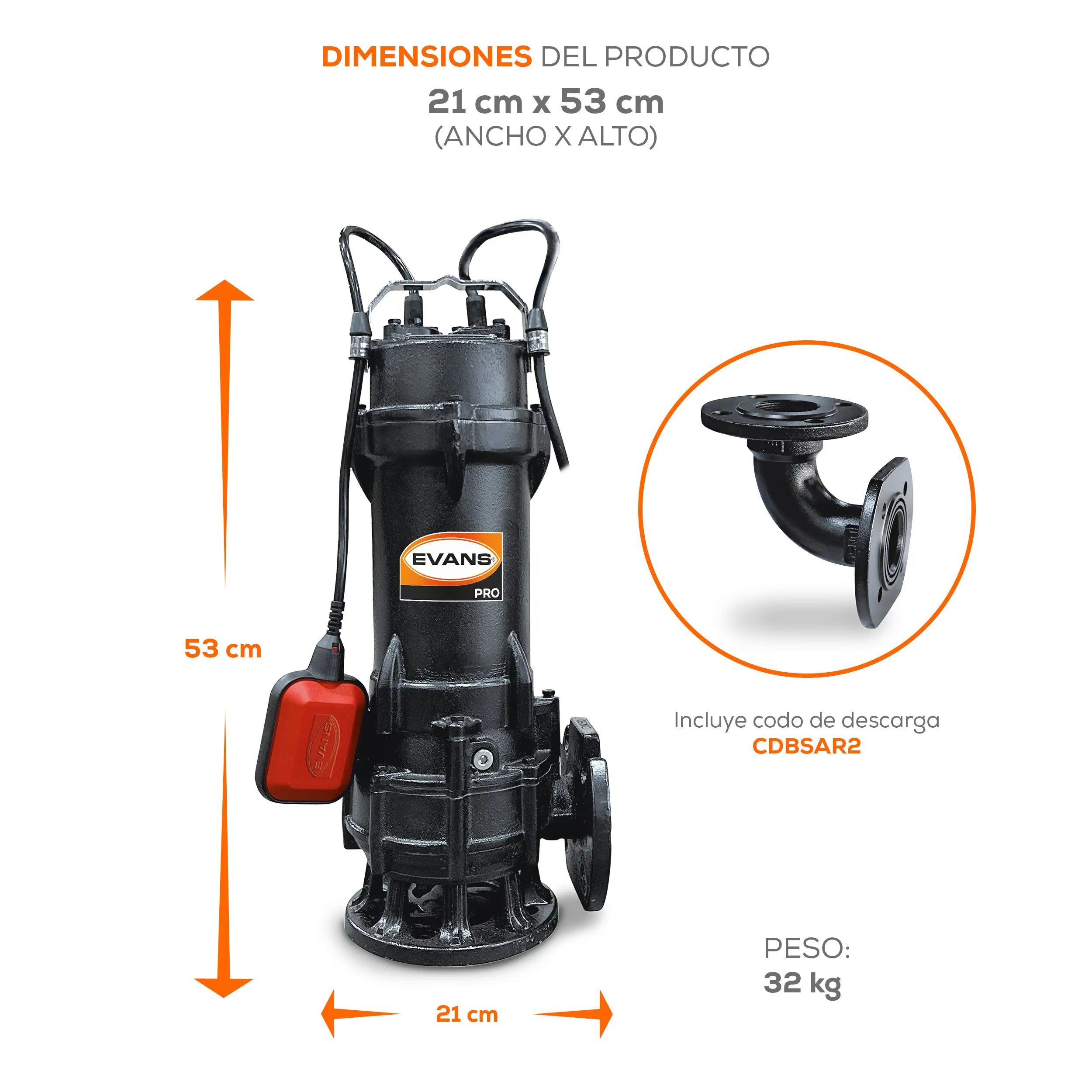 Bomba sumergible para aguas residuales 2 HP 570 LPM 220 V monofásico Marca EVANS. Modelo: BSAR2ME200G-F