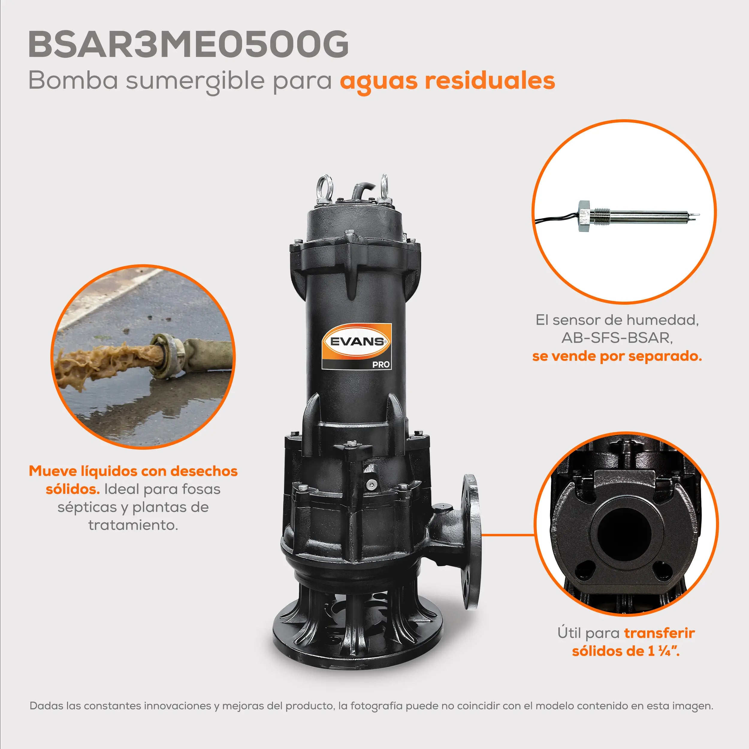 Bomba sumergible para aguas residuales 5 HP 1260 LPM 220 V trifásico Marca EVANS. Modelo: BSAR3ME0500G