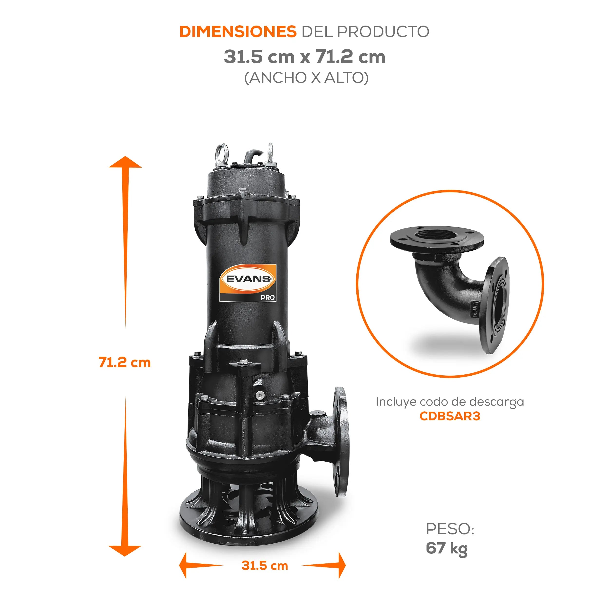 Bomba sumergible para aguas residuales 5 HP 1260 LPM 440 V trifásico Marca EVANS. Modelo: BSAR3ME0500H