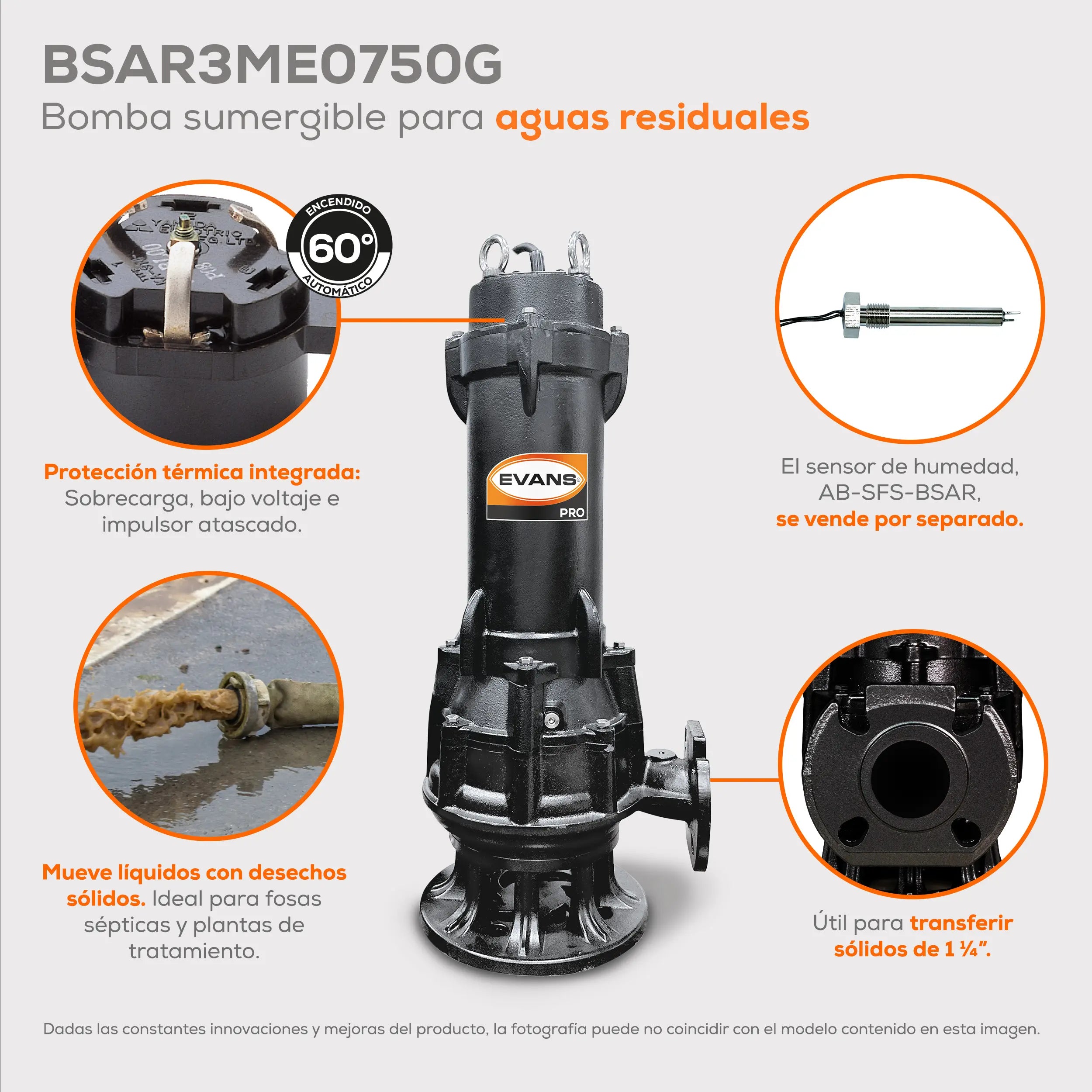 Bomba sumergible para aguas residuales 7.5 HP 1410 LPM 220 V trifásico Marca EVANS. Modelo: BSAR3ME0750G