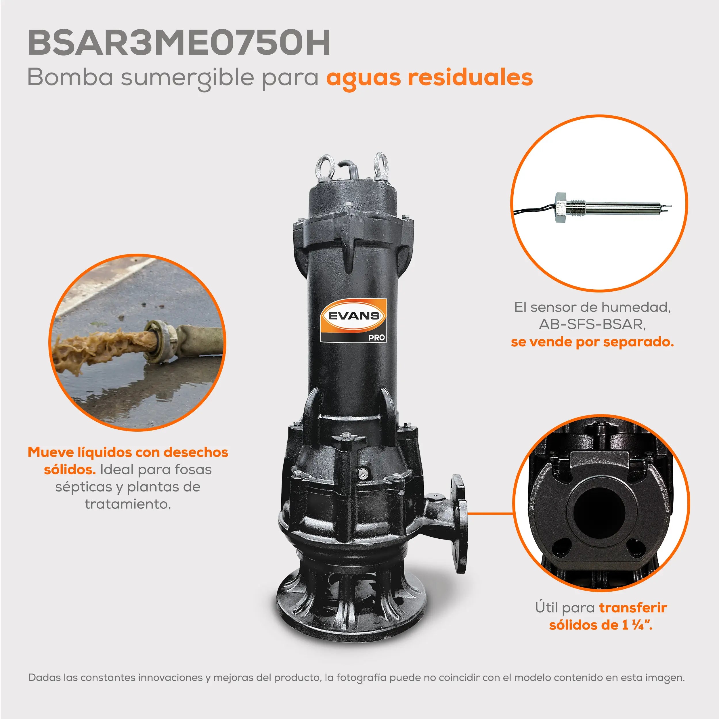 Bomba sumergible para aguas residuales 7.5 HP 1410 LPM 440 V trifásico Marca EVANS. Modelo: BSAR3ME0750H
