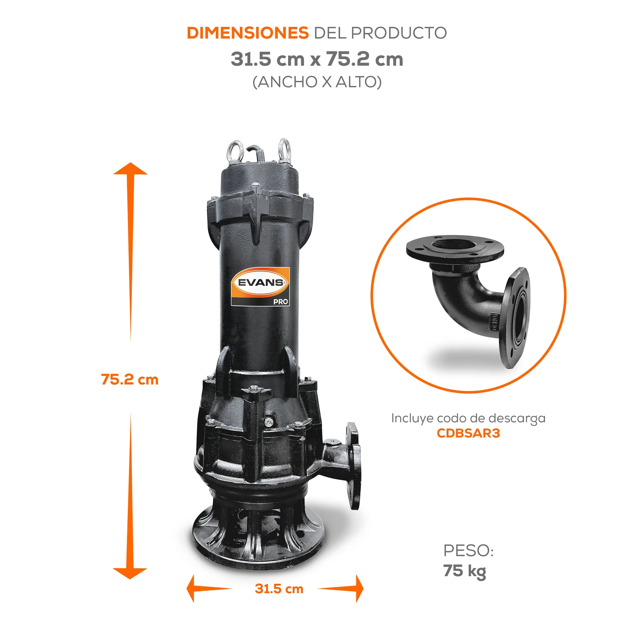 Bomba sumergible para aguas residuales 7.5 HP 1410 LPM 440 V trifásico Marca EVANS. Modelo: BSAR3ME0750H
