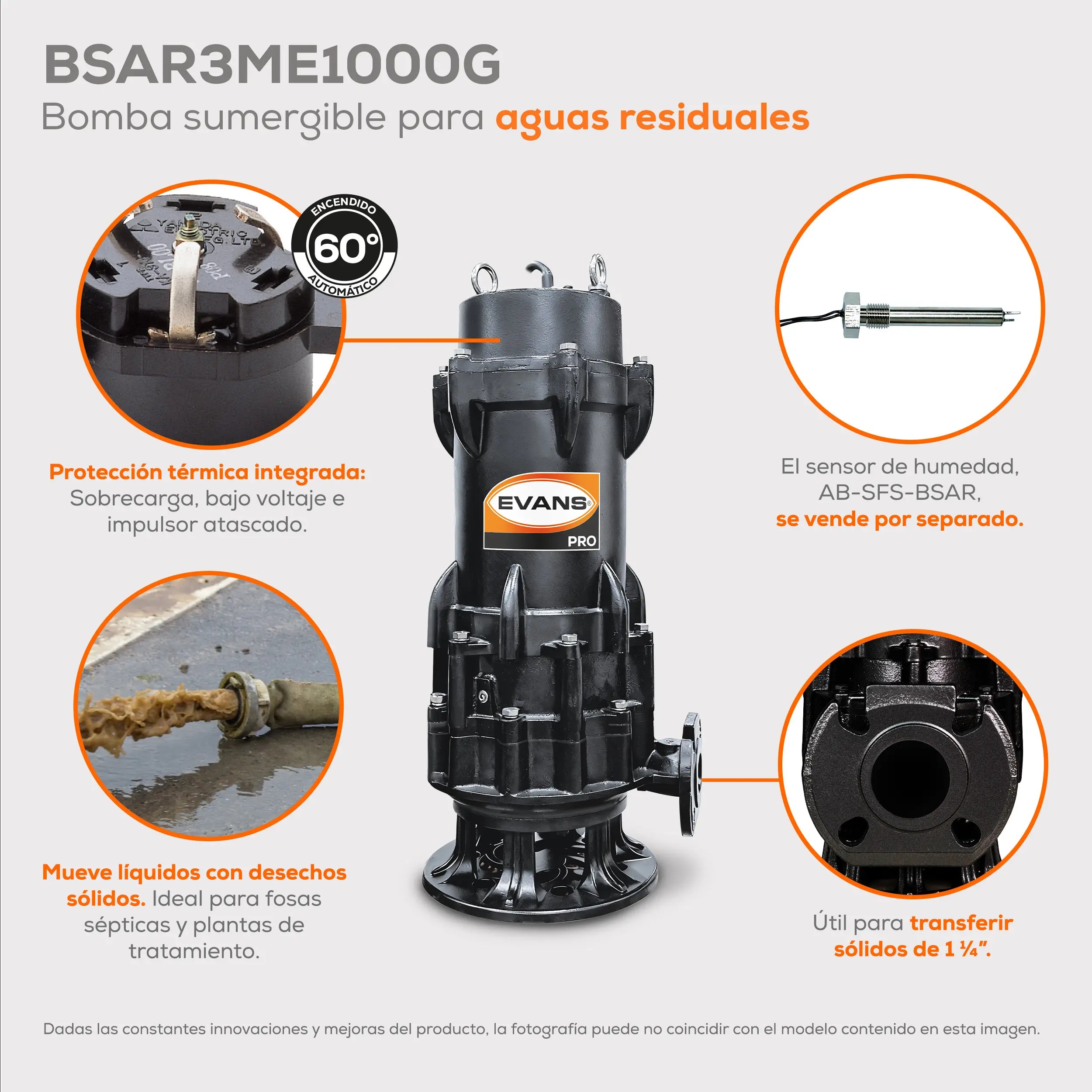 Bomba sumergible para aguas residuales 10 HP 1500 LPM 220 V trifásico Marca EVANS. Modelo: BSAR3ME1000G