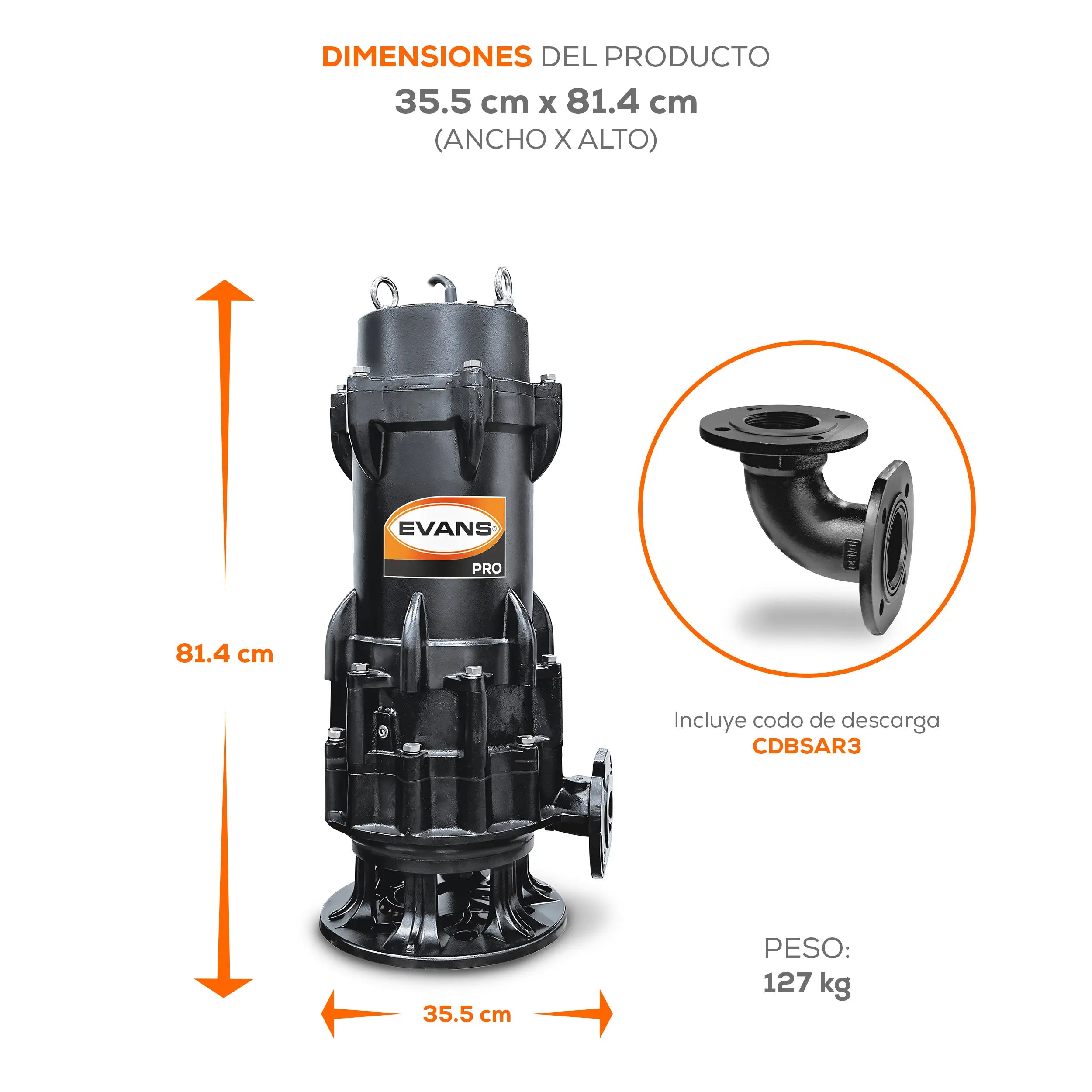 Bomba sumergible para aguas residuales 10 HP 1500 LPM 220 V trifásico Marca EVANS. Modelo: BSAR3ME1000G