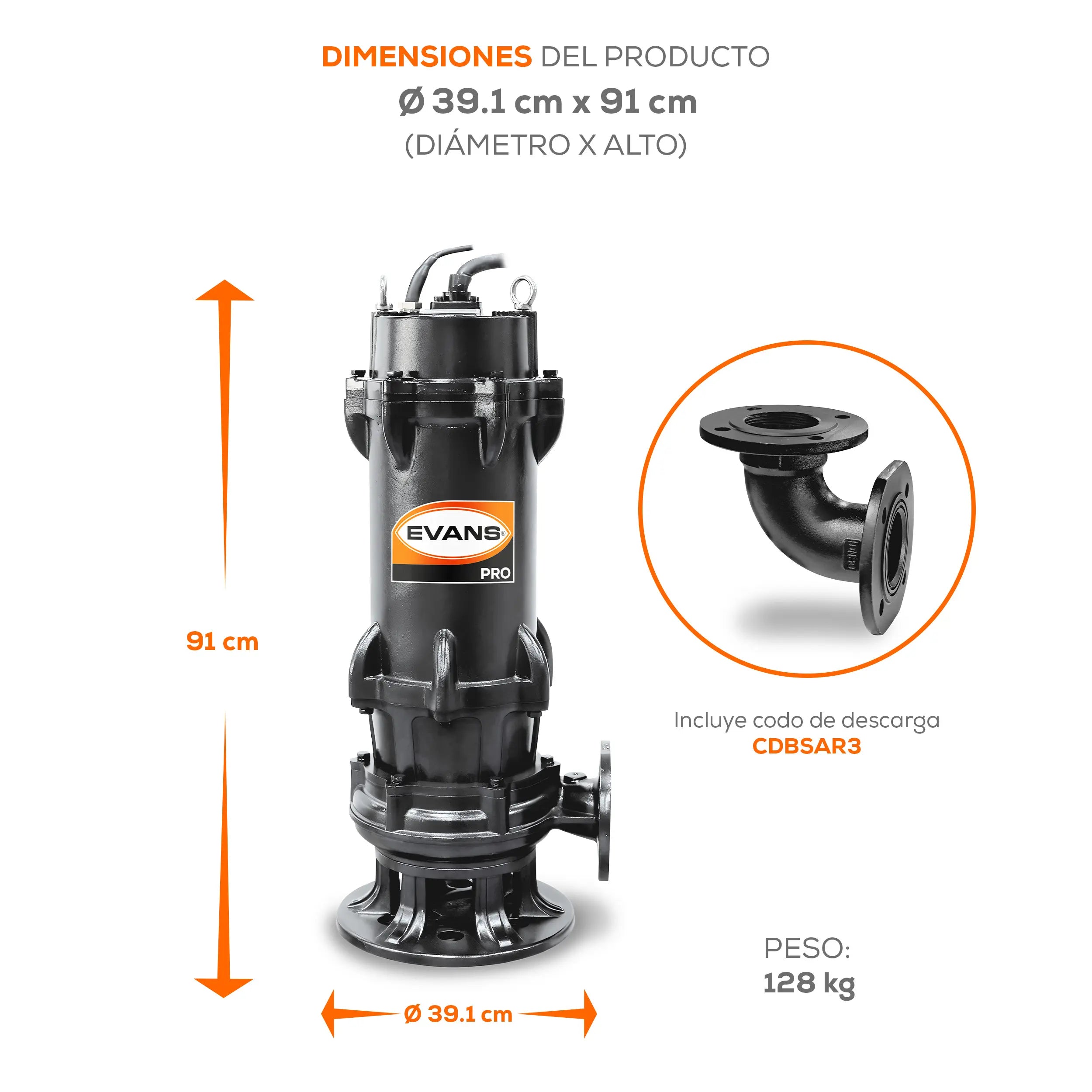 Bomba sumergible para aguas residuales 15 HP 1680 LPM 220 V trifásico Marca EVANS. Modelo: BSAR3ME1500G