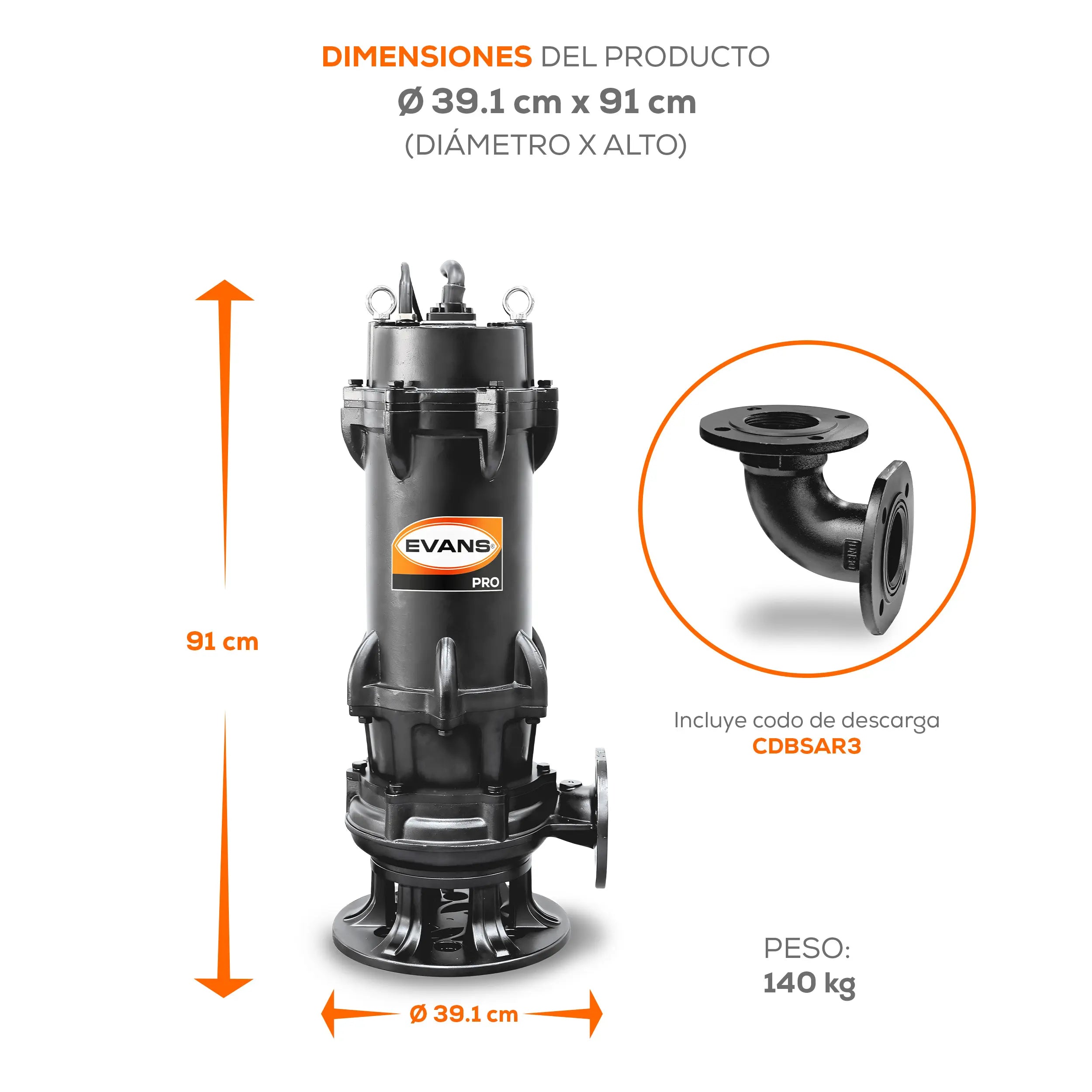 Bomba sumergible para aguas residuales 20 HP 1860 LPM 220 V trifásico Marca EVANS. Modelo: BSAR3ME2000G