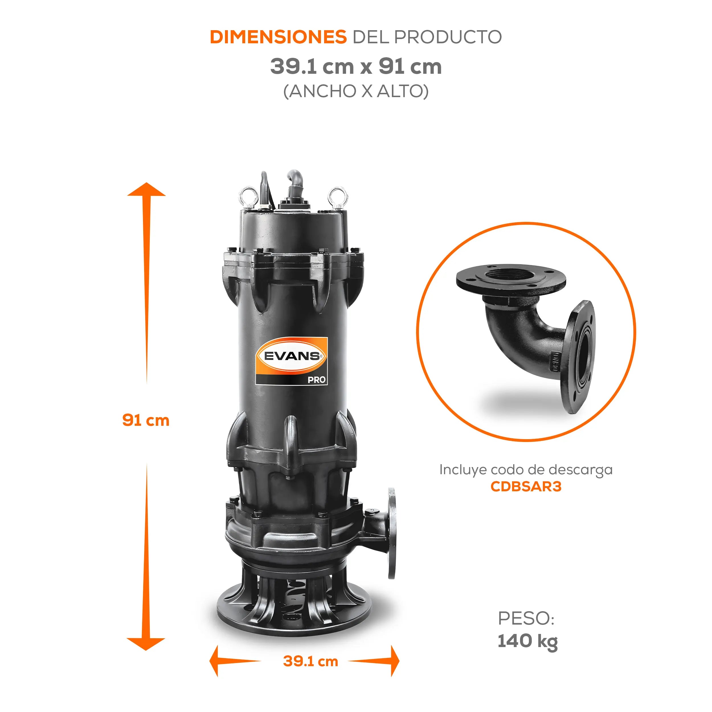 Bomba sumergible para aguas residuales 20 HP 1860 LPM 440 V trifásico Marca EVANS. Modelo: BSAR3ME2000H