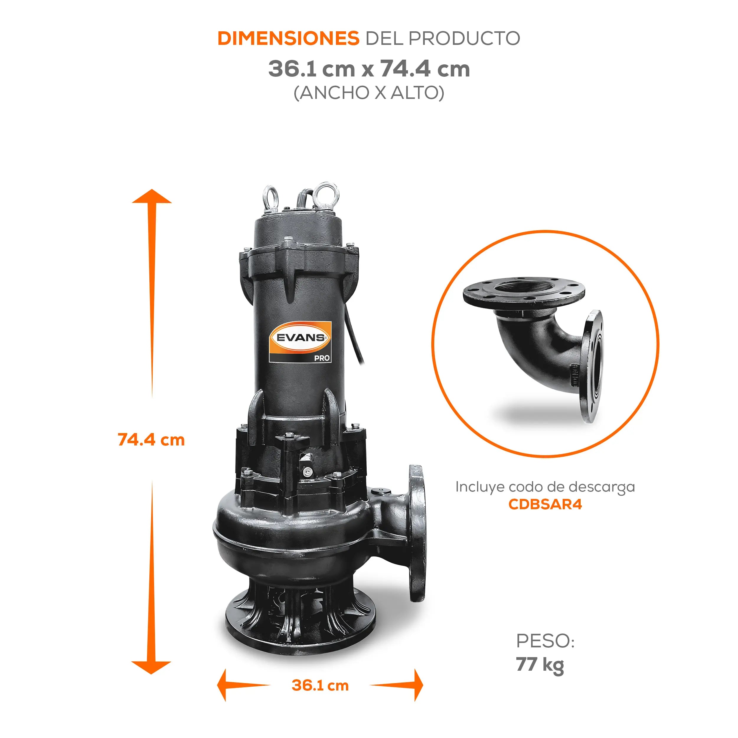Bomba sumergible para aguas residuales 5 HP 1350 LPM 220 V trifásico Marca EVANS. Modelo: BSAR4ME0500G
