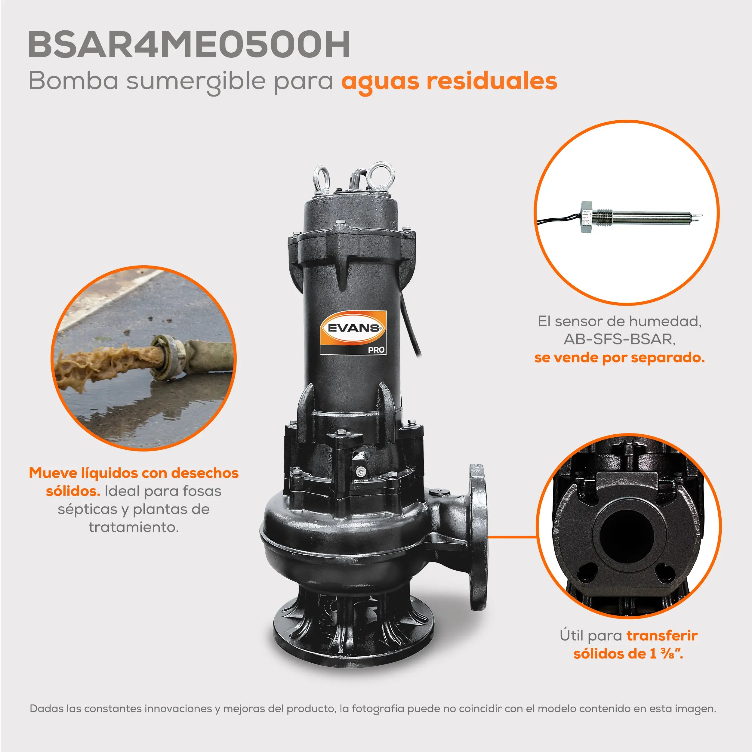 Bomba sumergible para aguas residuales 5 HP 1350 LPM 440 V trifásico Marca EVANS. Modelo: BSAR4ME0500H