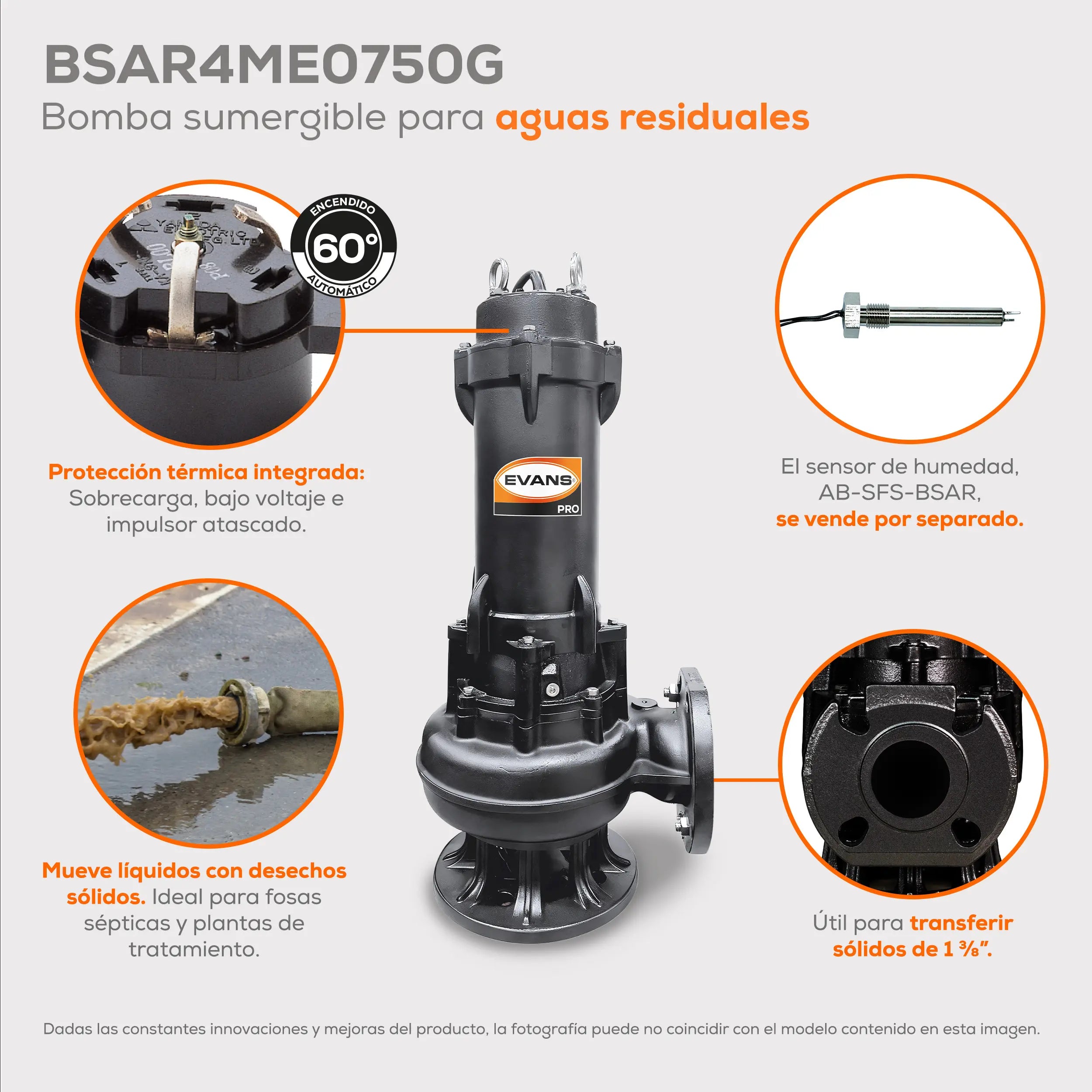 Bomba sumergible para aguas residuales 7.5 HP 1470 LPM 220 V trifásico Marca EVANS. Modelo: BSAR4ME0750G