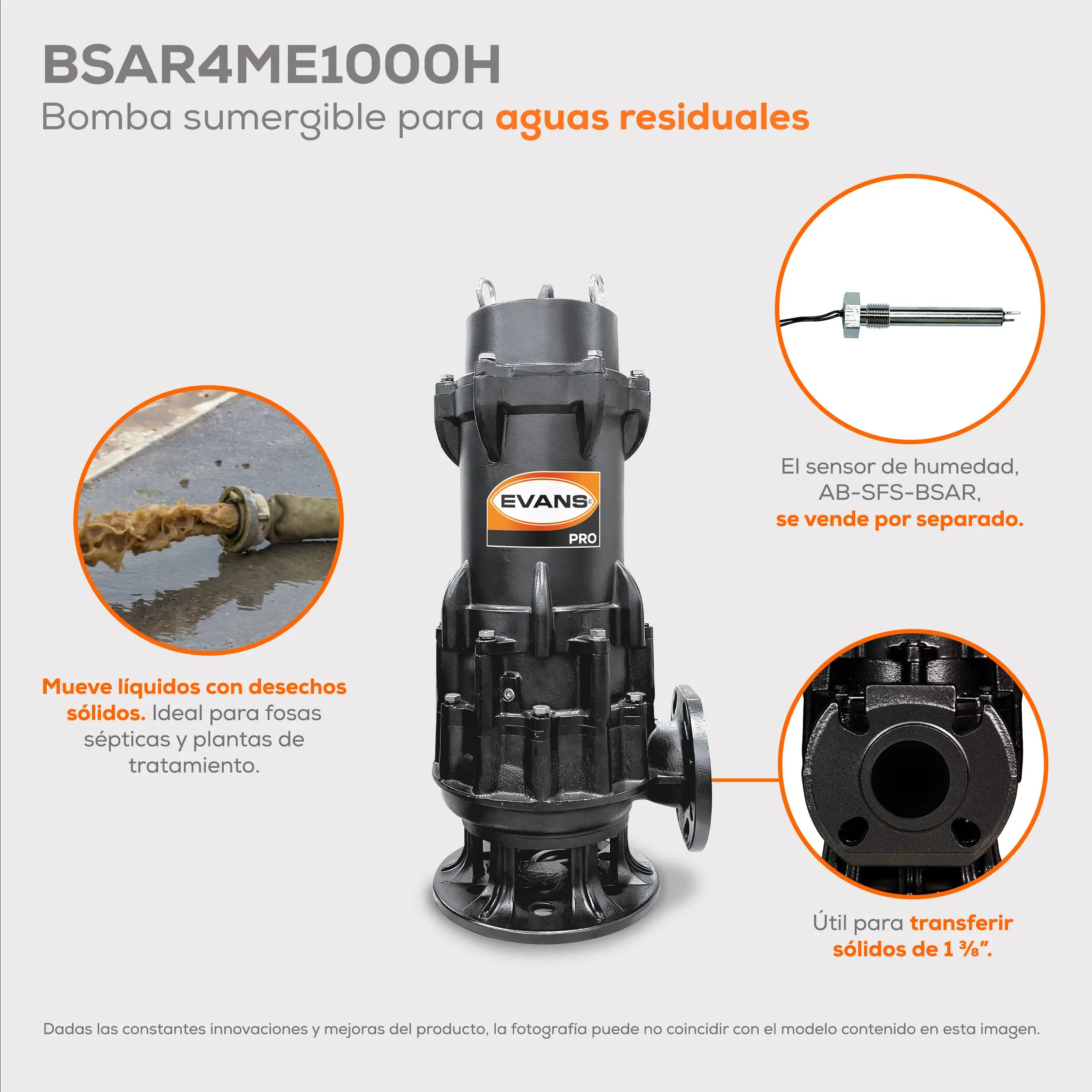 Bomba sumergible para aguas residuales 10 HP 1680 LPM 440 V trifásico Marca EVANS. Modelo: BSAR4ME1000H