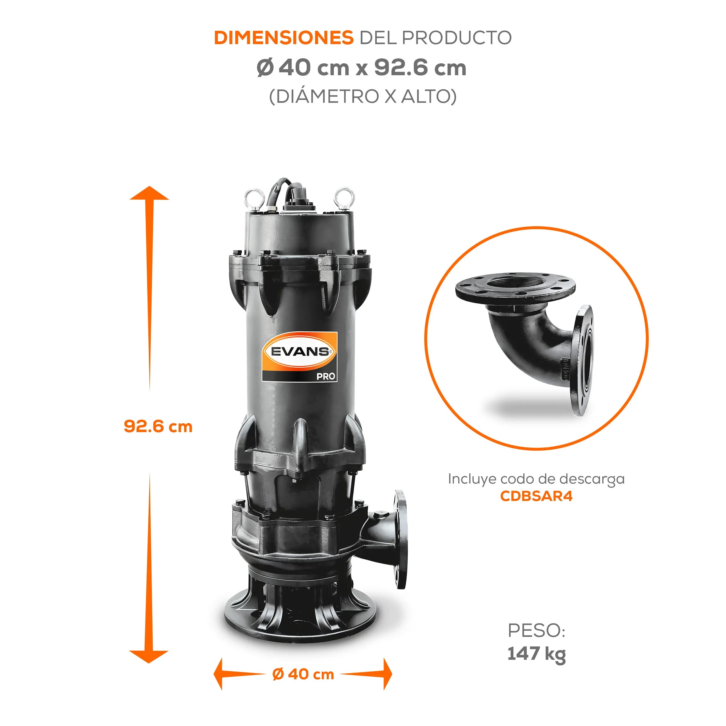 Bomba sumergible para aguas residuales 20 HP 2820 LPM 440 V trifásico Marca EVANS. Modelo: BSAR4ME2000H