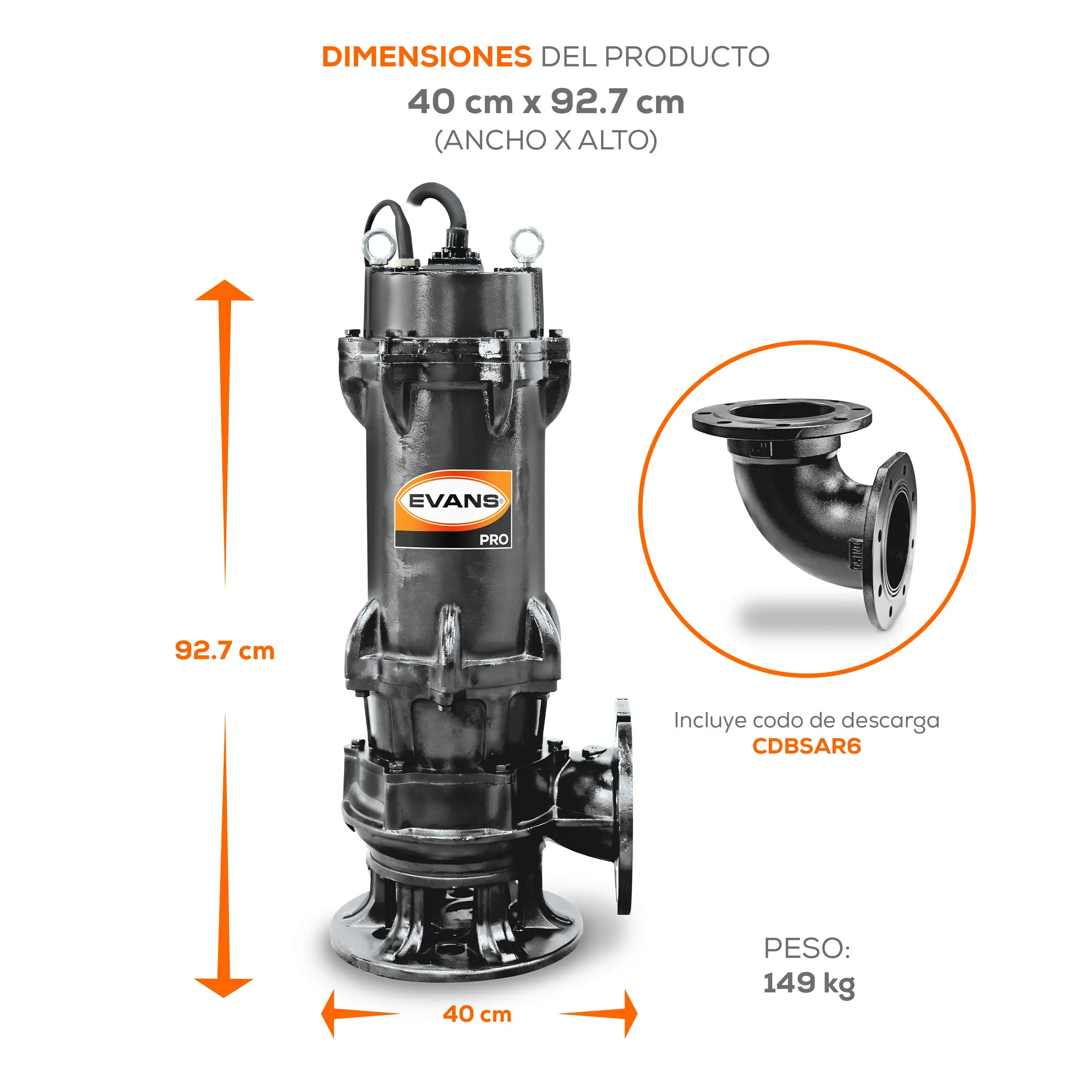Bomba sumergible para aguas residuales 15 HP 3270 LPM 220 V trifásico Marca EVANS. Modelo: BSAR6ME1500G