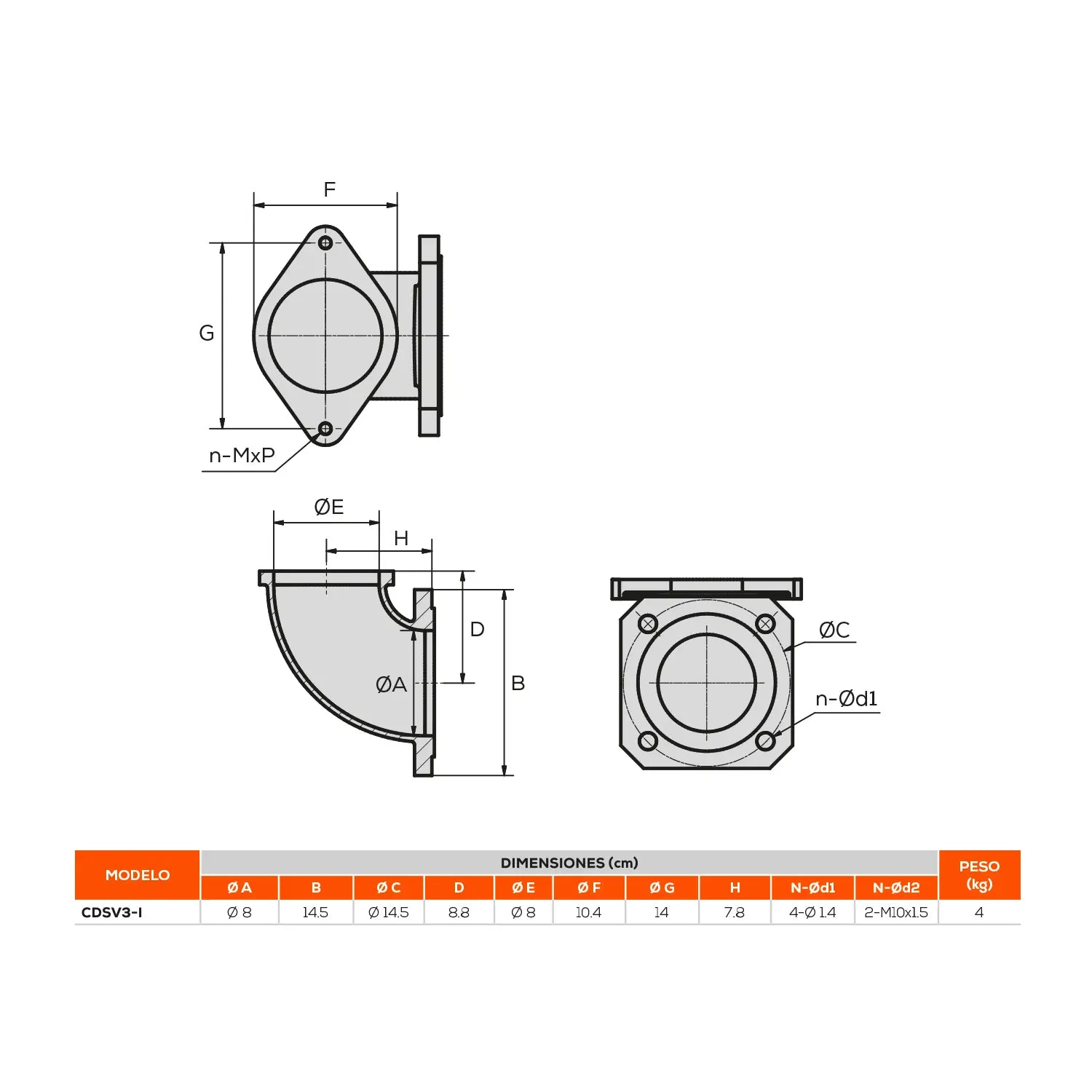 Codo descarga 3" en acero inox. Marca EVANS. Modelo: CDSV3-I