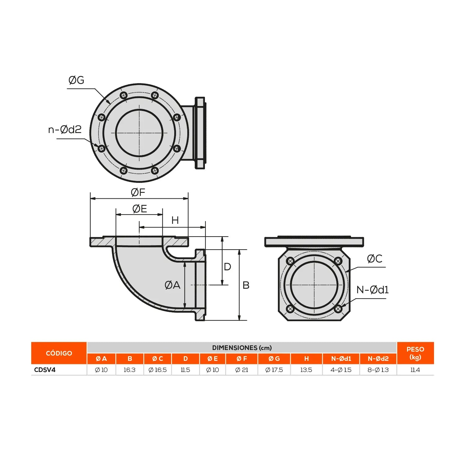 Codo descarga 4" brida ANSI 150. Marca EVANS. Modelo: CDSV4
