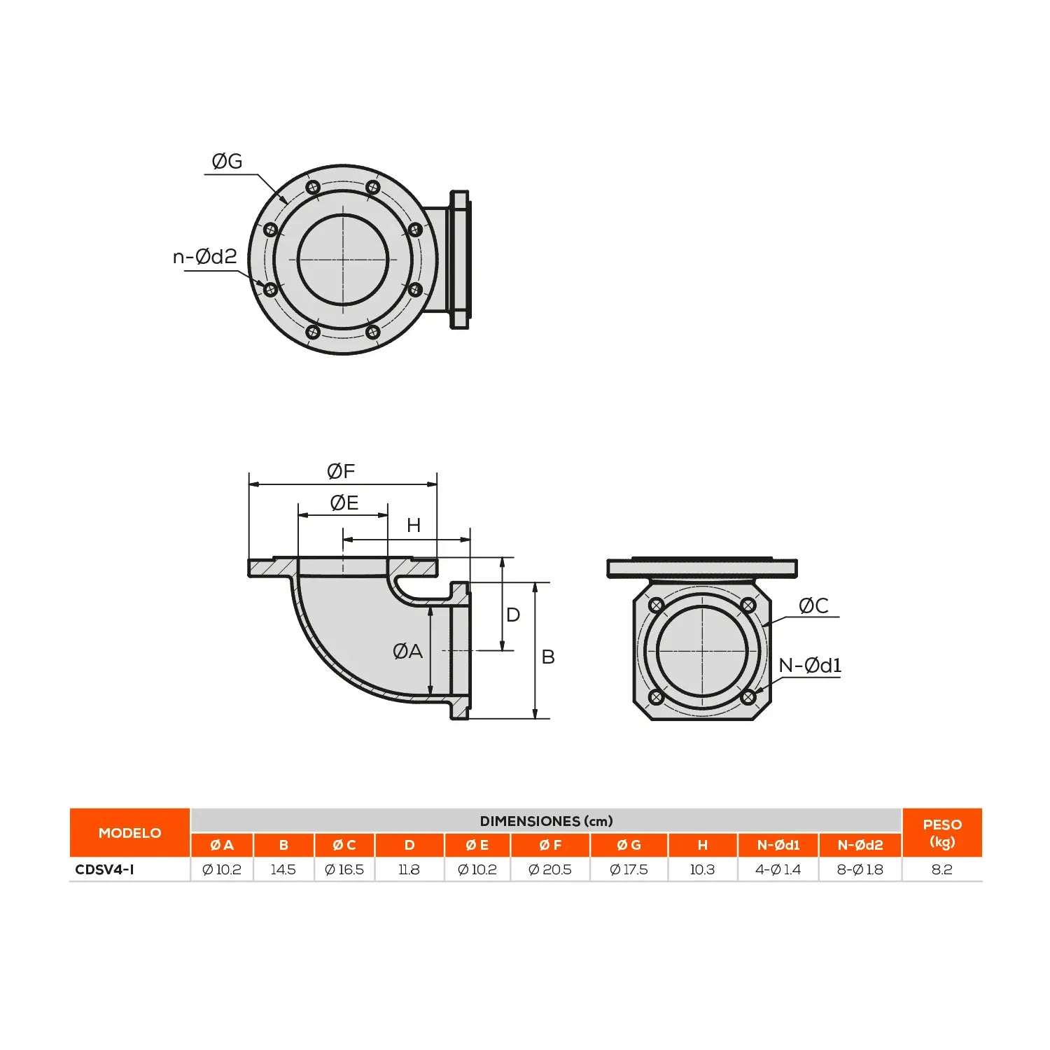 Codo descarga 4" en acero inox. Marca EVANS. Modelo: CDSV4-I