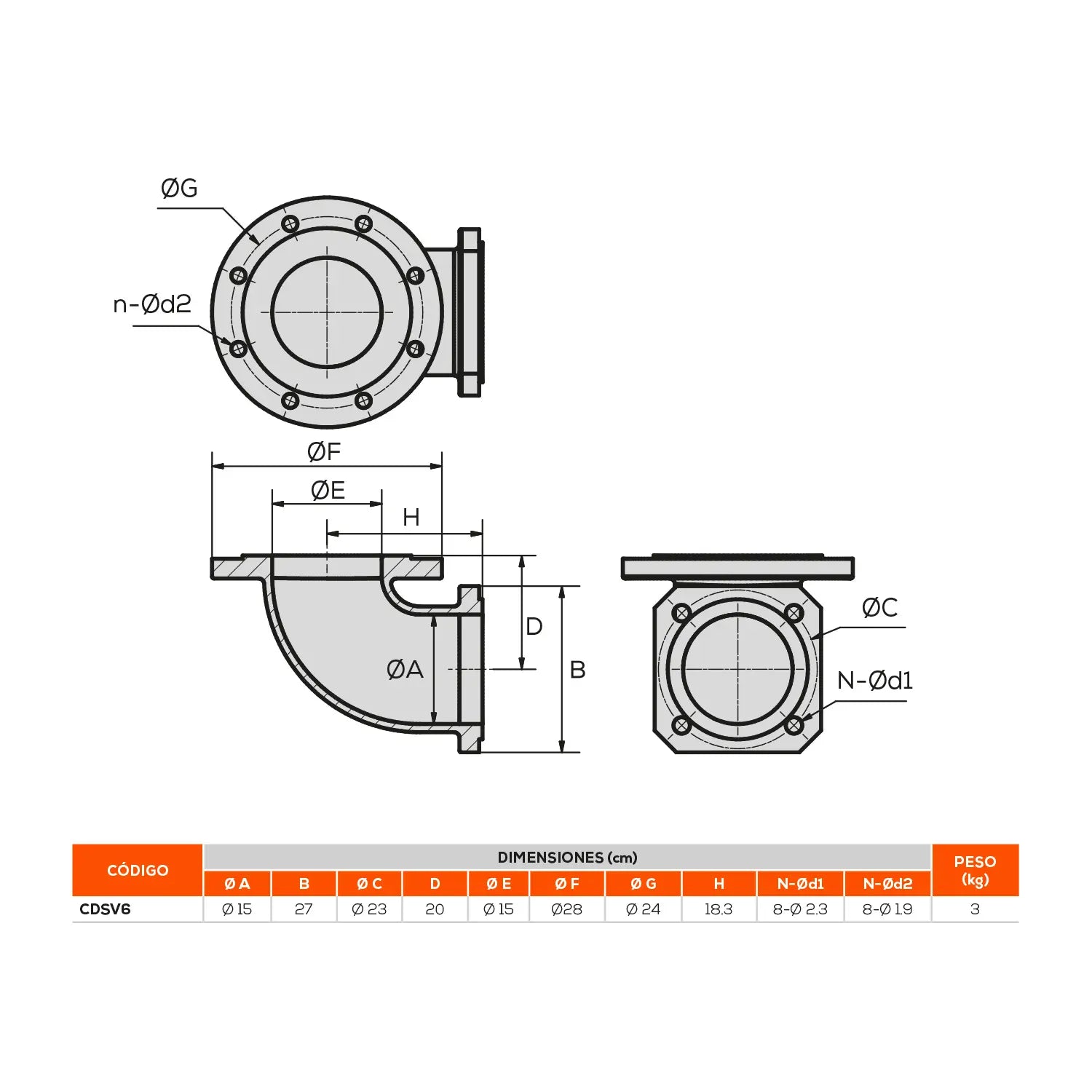 Codo descarga 6" brida ANSI 150. Marca EVANS. Modelo: CDSV6