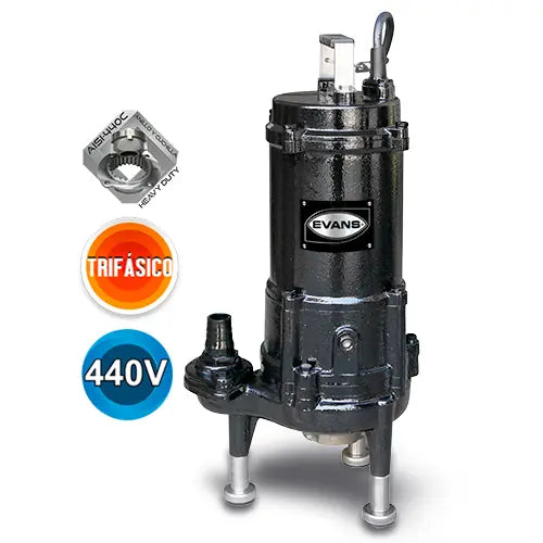 Bomba sumergible para aguas residuales 2 HP 440 V trifásico 120 LPM Marca EVANS. Modelo: GD1ME0200H