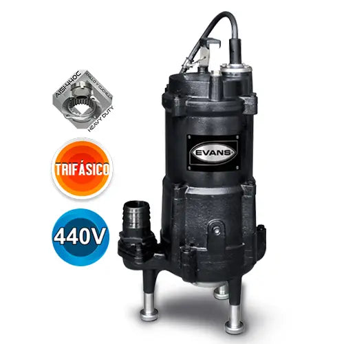 Bomba sumergible para aguas residuales 3 HP 440 V trifásico 240 LPM Marca EVANS. Modelo: GD2ME0300H