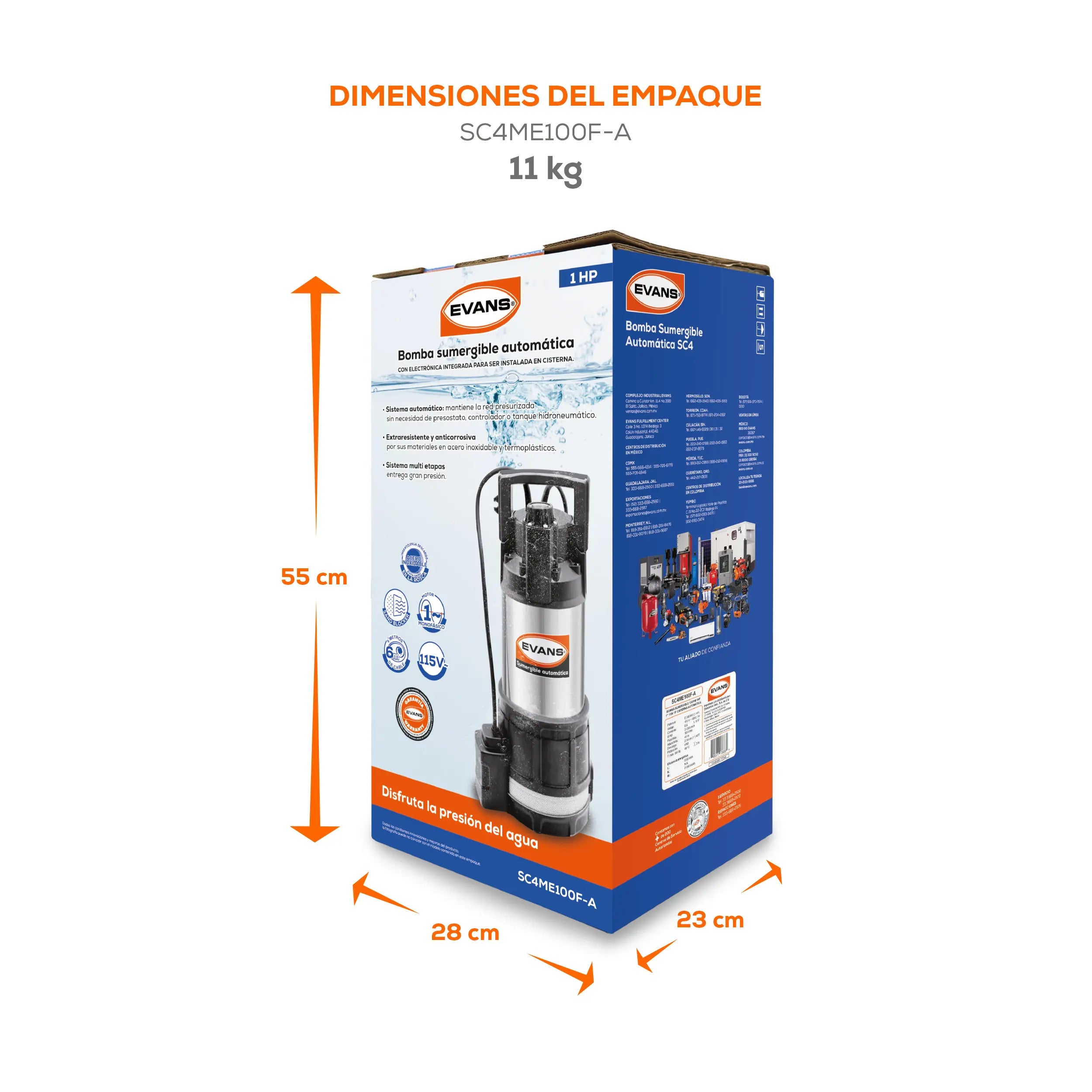 Sumergible automática 1 Hp 115V 105 LPM monofásico Marca EVANS. Modelo: SC4ME100F-A