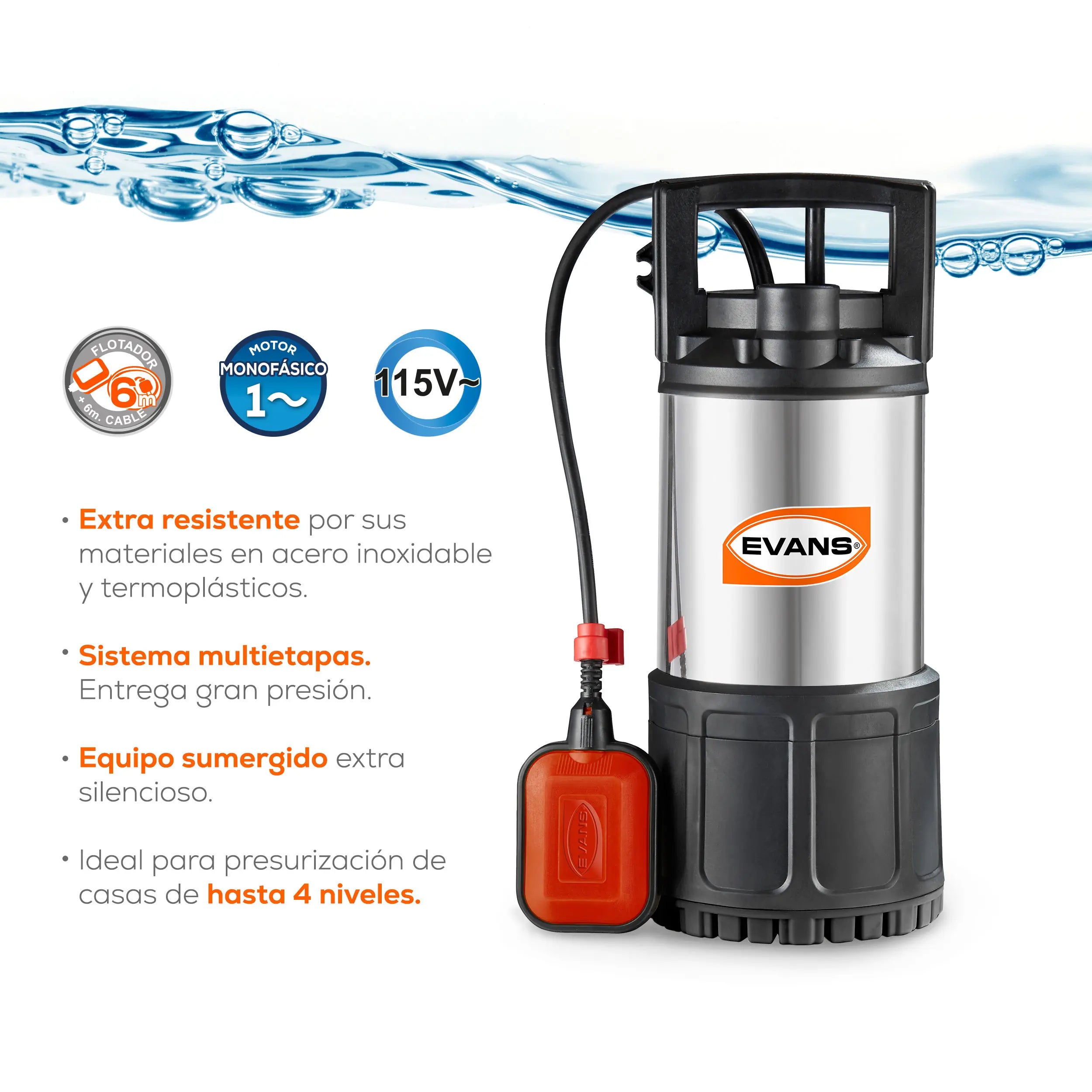 Bomba sumergible para cisterna 1 HP 105 LPM 115 V monofásico Marca EVANS. Modelo: SC4ME100F-F
