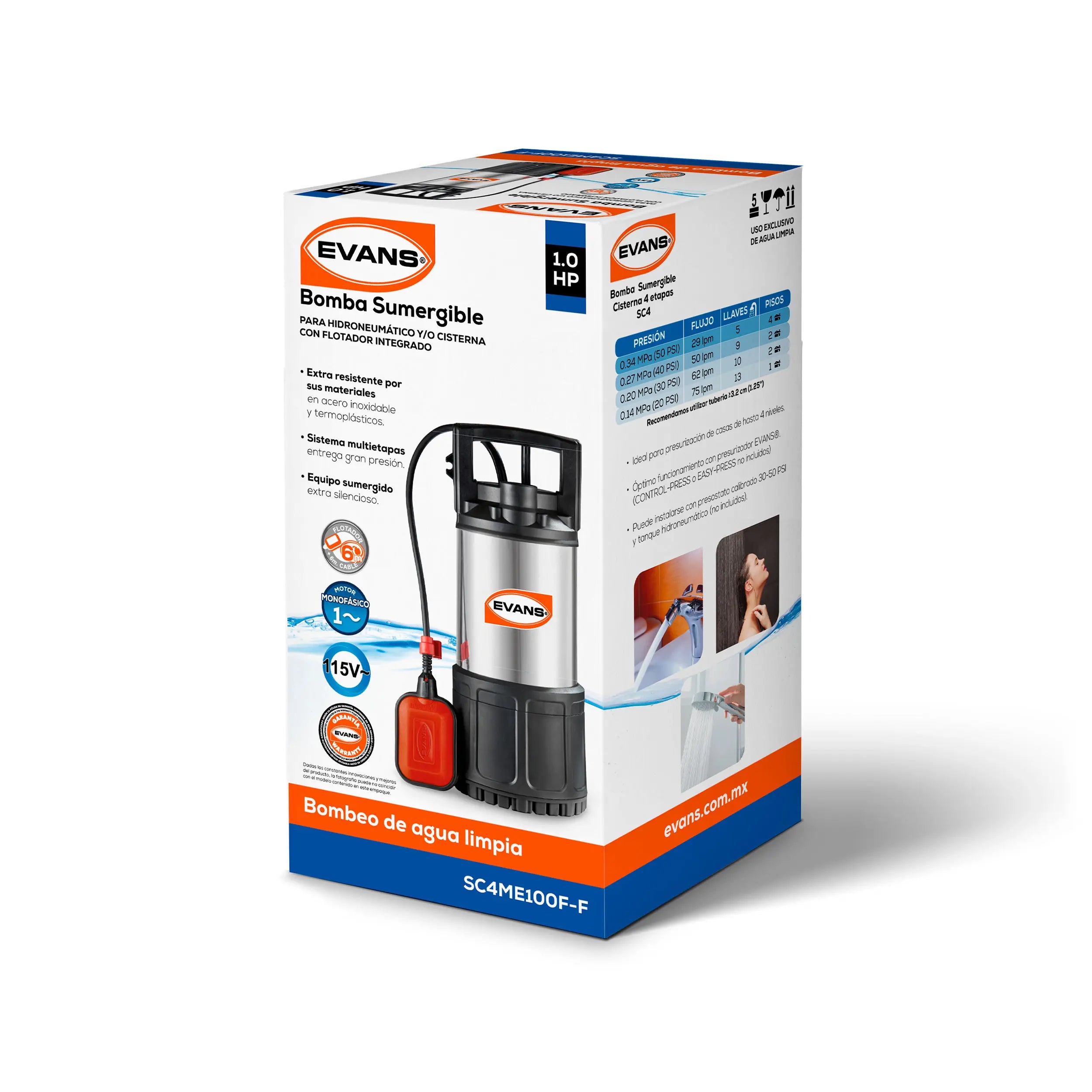 Bomba sumergible para cisterna 1 HP 105 LPM 115 V monofásico Marca EVANS. Modelo: SC4ME100F-F