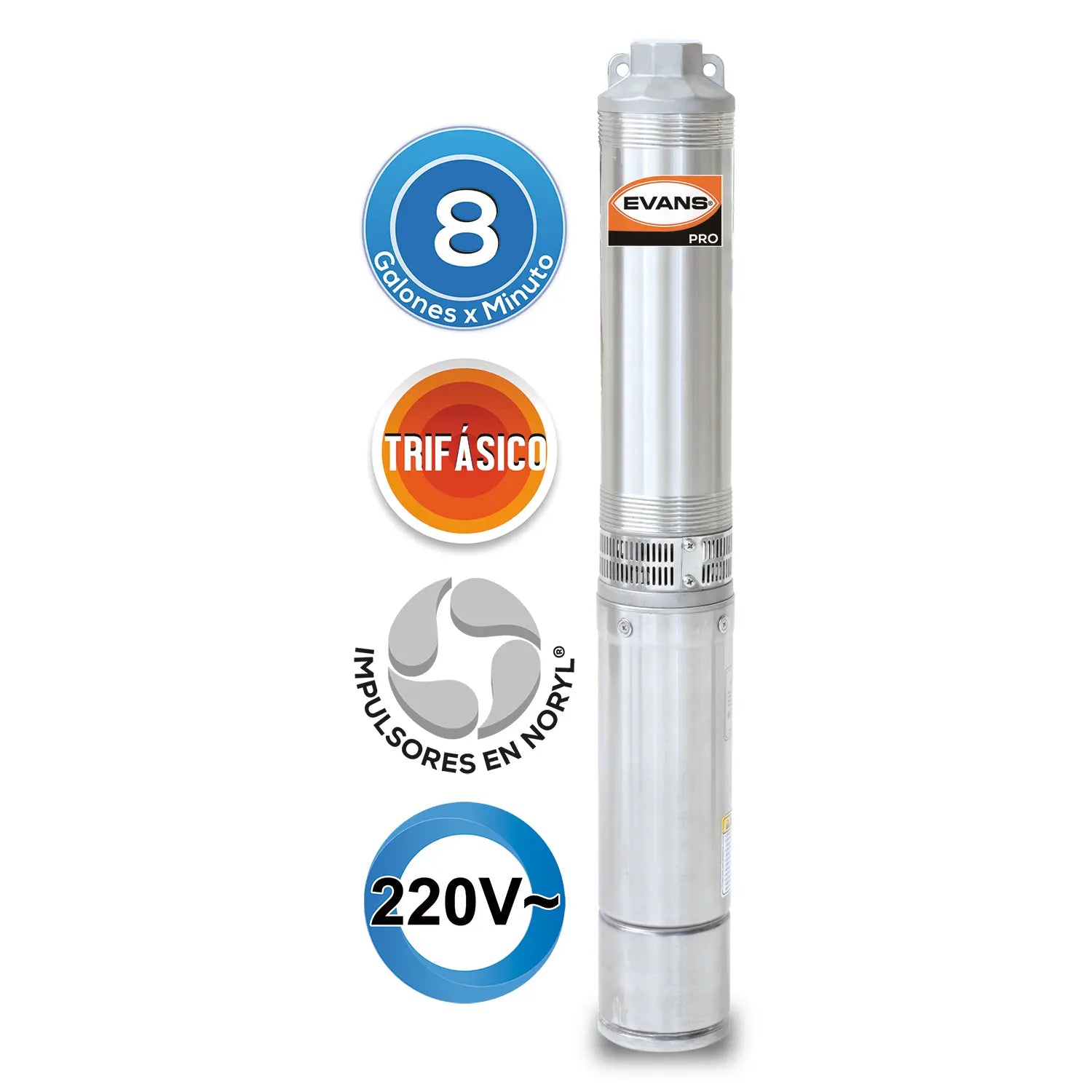 Equipo de riego sumergible 8 GPM 5 HP 220 V trifásico Marca EVANS. Modelo: SD410ME0500G
