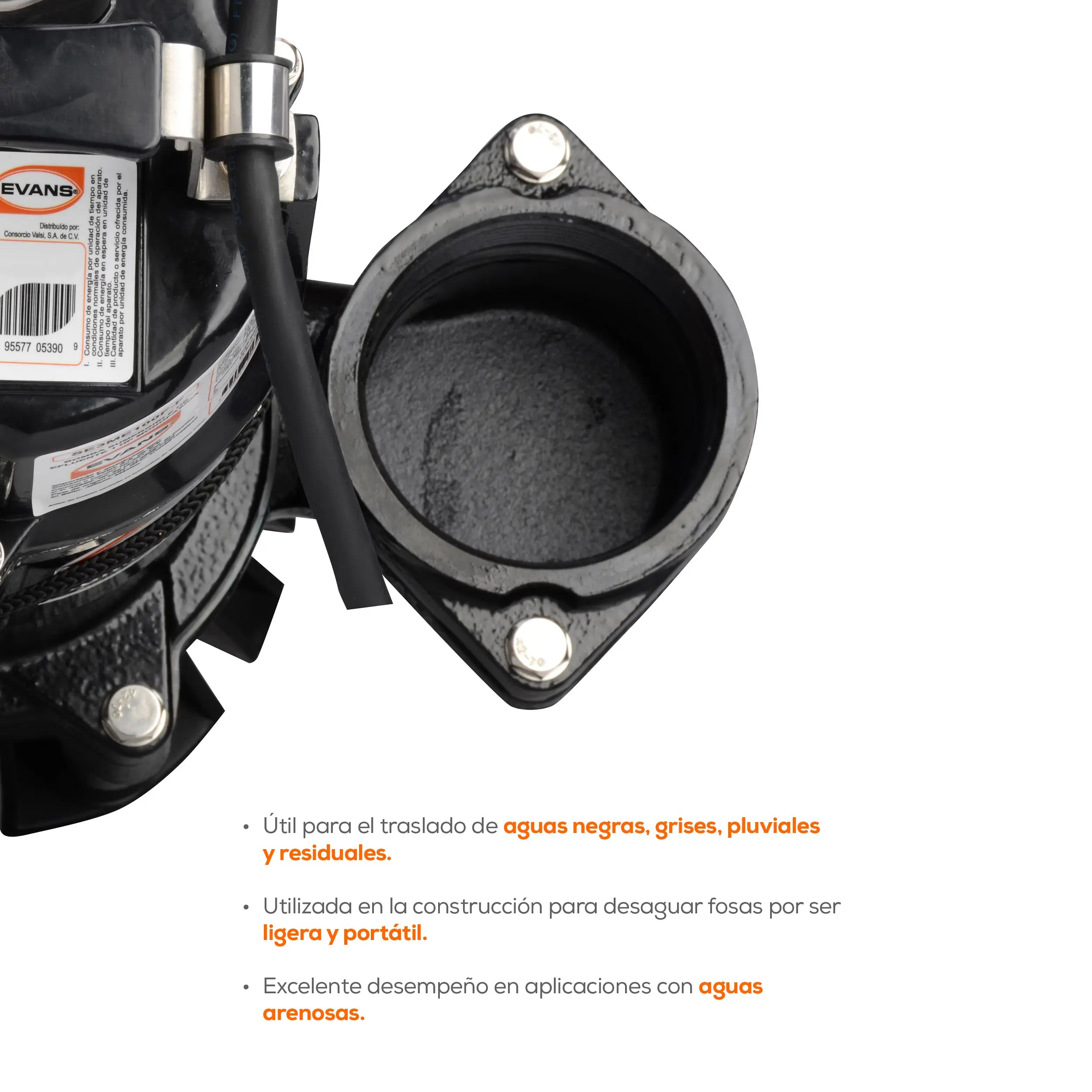 Bomba sumergible para aguas residuales 1 HP 220 V monofásico 150 LPM Marca EVANS. Modelo: SE3ME100G-F
