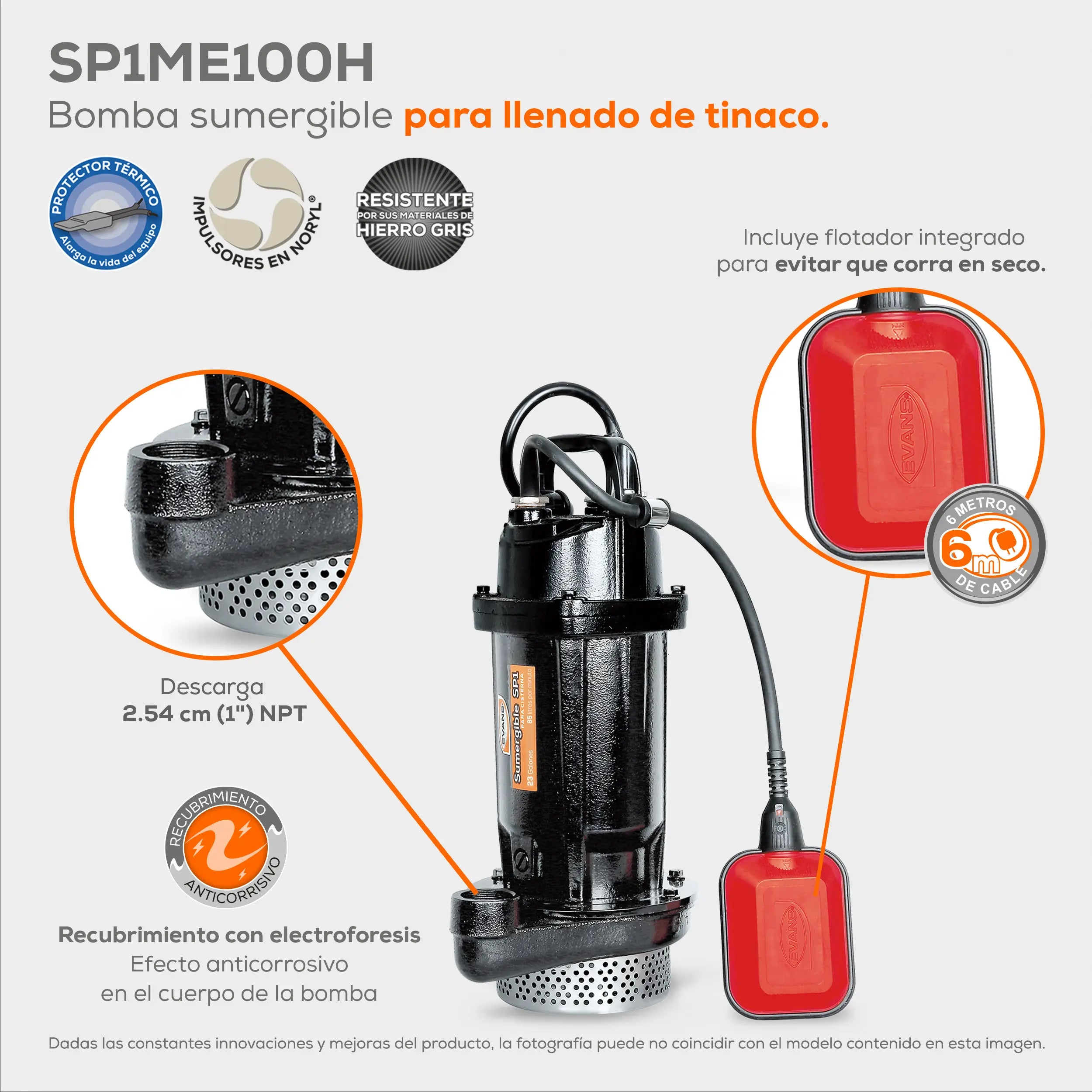 Bomba sumergible para cisterna 1 HP 190 LPM 127 V monofásico Marca EVANS. Modelo: SP1ME100H