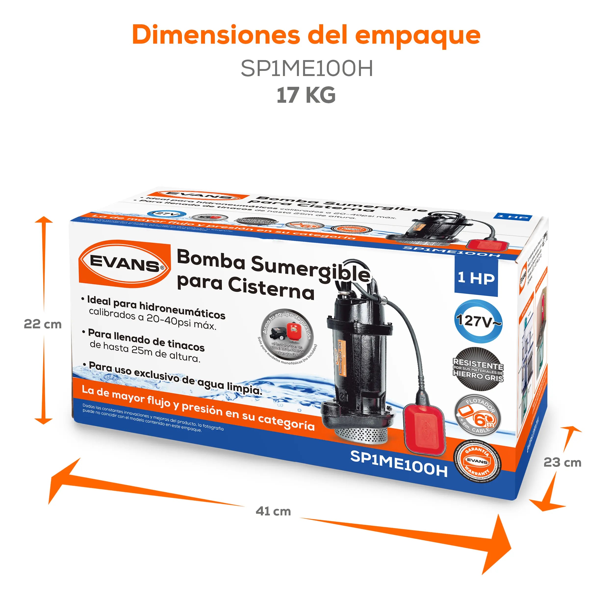 Bomba sumergible para cisterna 1 HP 190 LPM 127 V monofásico Marca EVANS. Modelo: SP1ME100H
