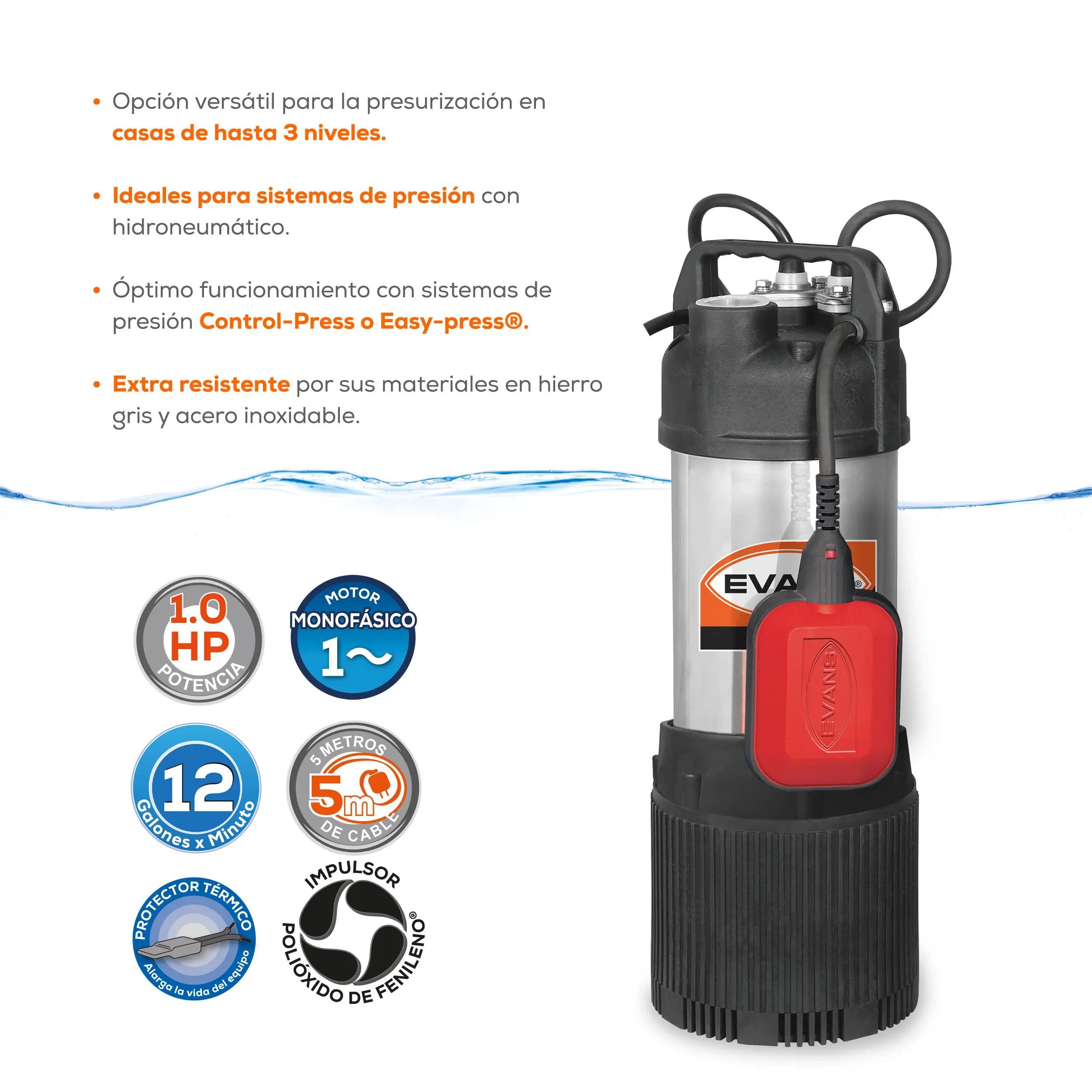 Bomba sumergible para cisterna 1 HP 115 V monofásico Marca EVANS. Modelo: SPM1ME100F-F