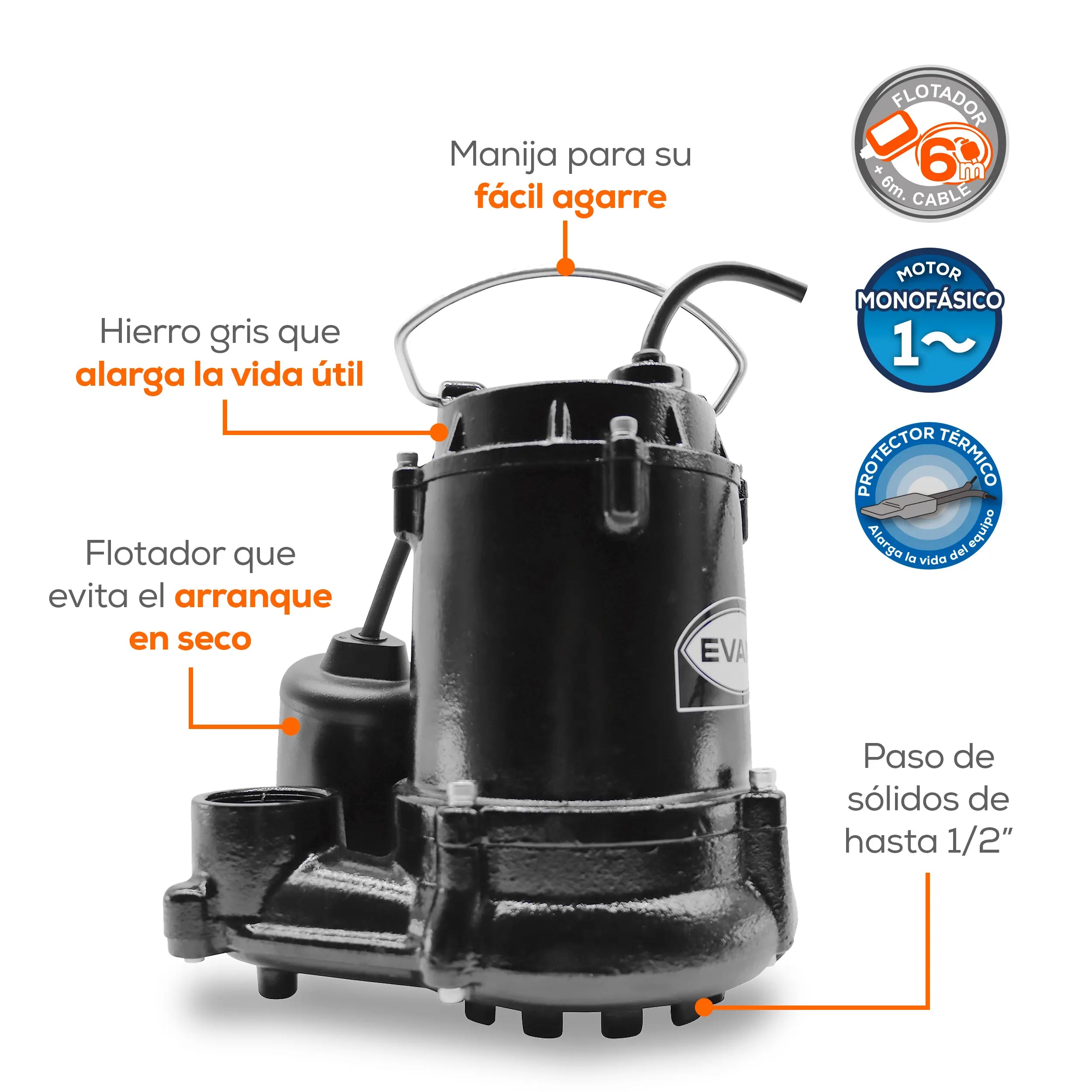 Bomba sumergible para aguas residuales 1/4 HP 115 V monofásico Marca EVANS. Modelo: SS1.5ME025F