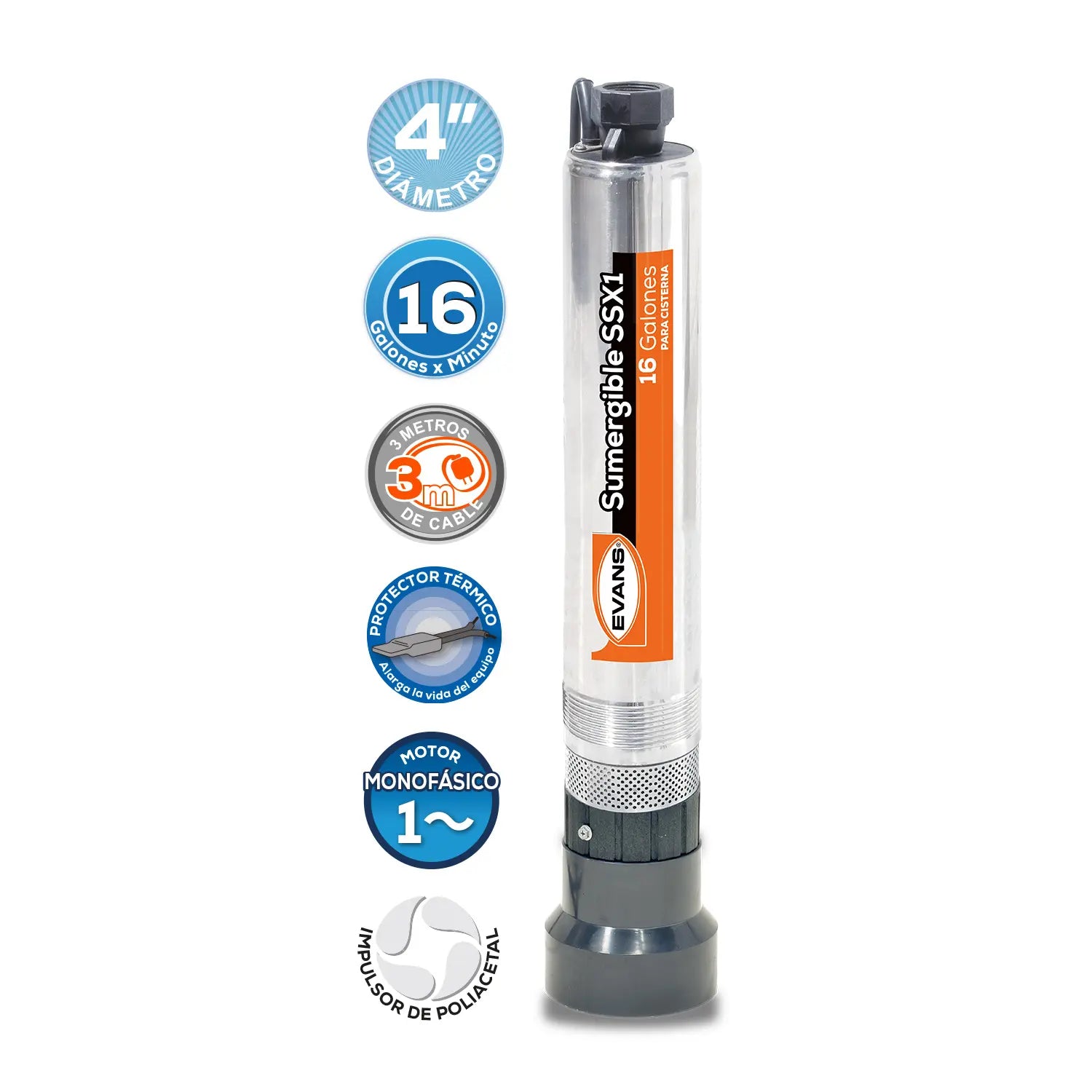 Bomba sumergible para cisterna 1 HP 115 LPM 220 V trifásico Marca EVANS. Modelo: SSX1ME0100G