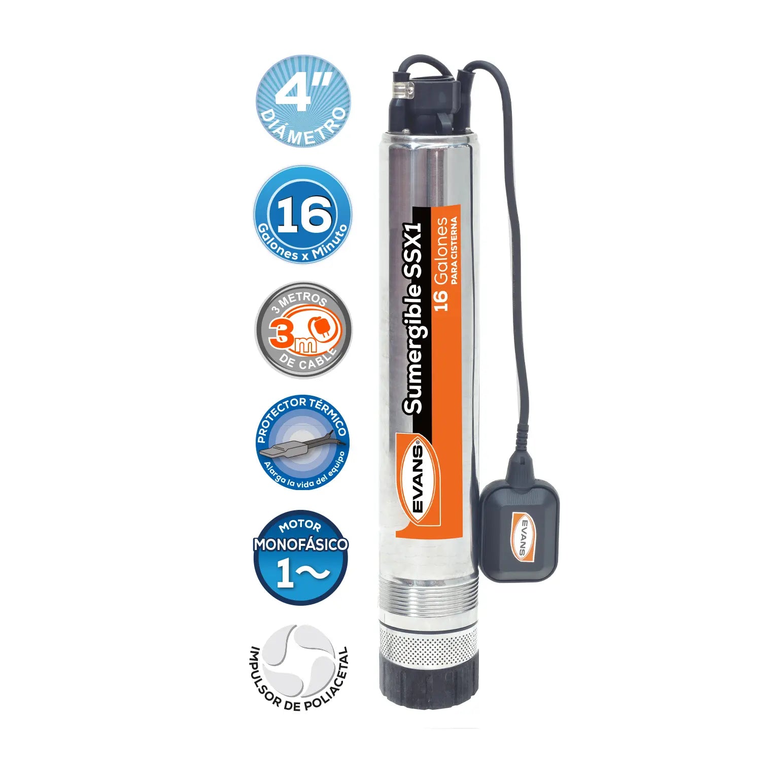 Bomba sumergible para cisterna 1/2 HP 115 V monofásico Marca EVANS. Modelo: SSX1ME050F2C-F