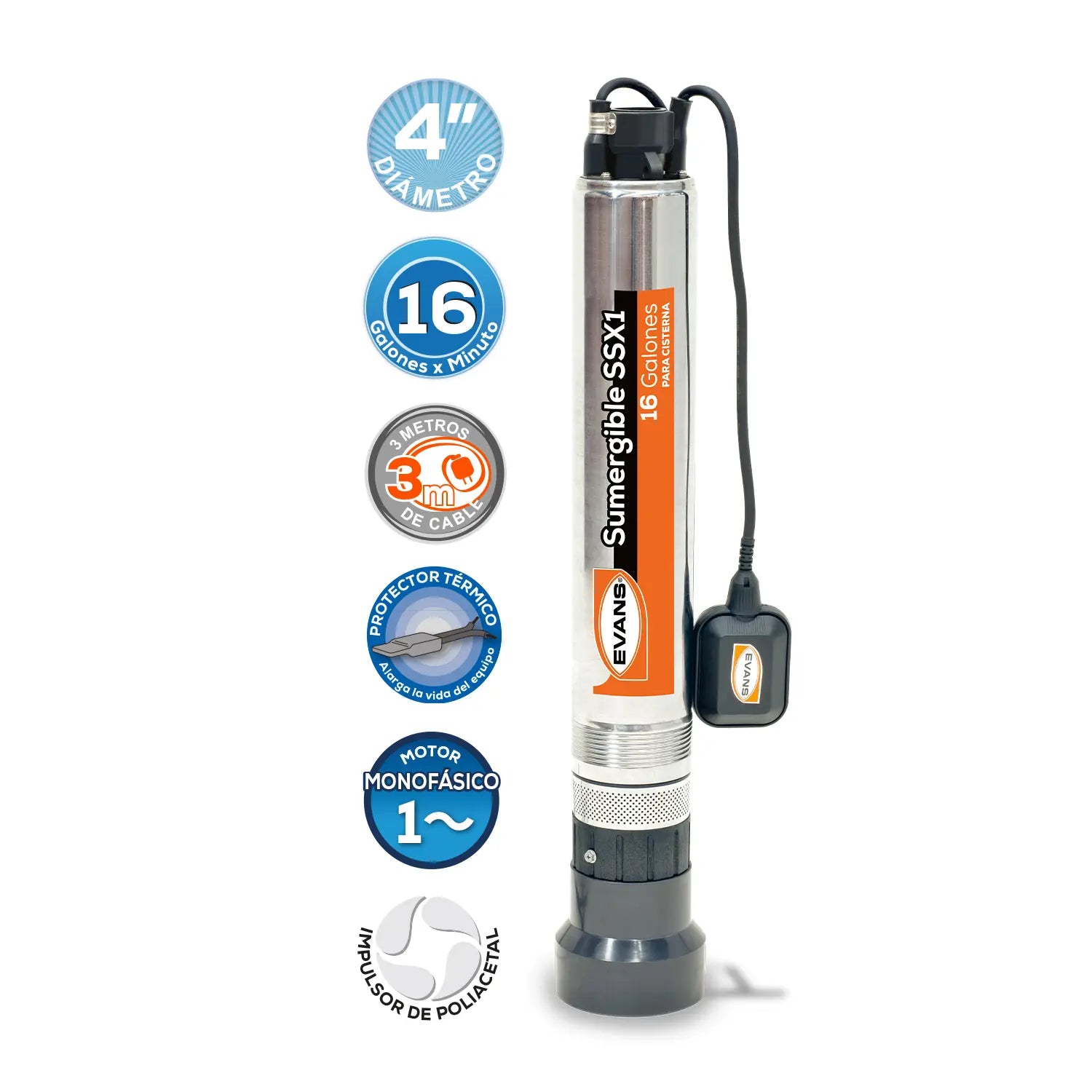 Bomba sumergible para cisterna 1 HP 115 V monofásico Marca EVANS. Modelo: SSX1ME100F2C-F