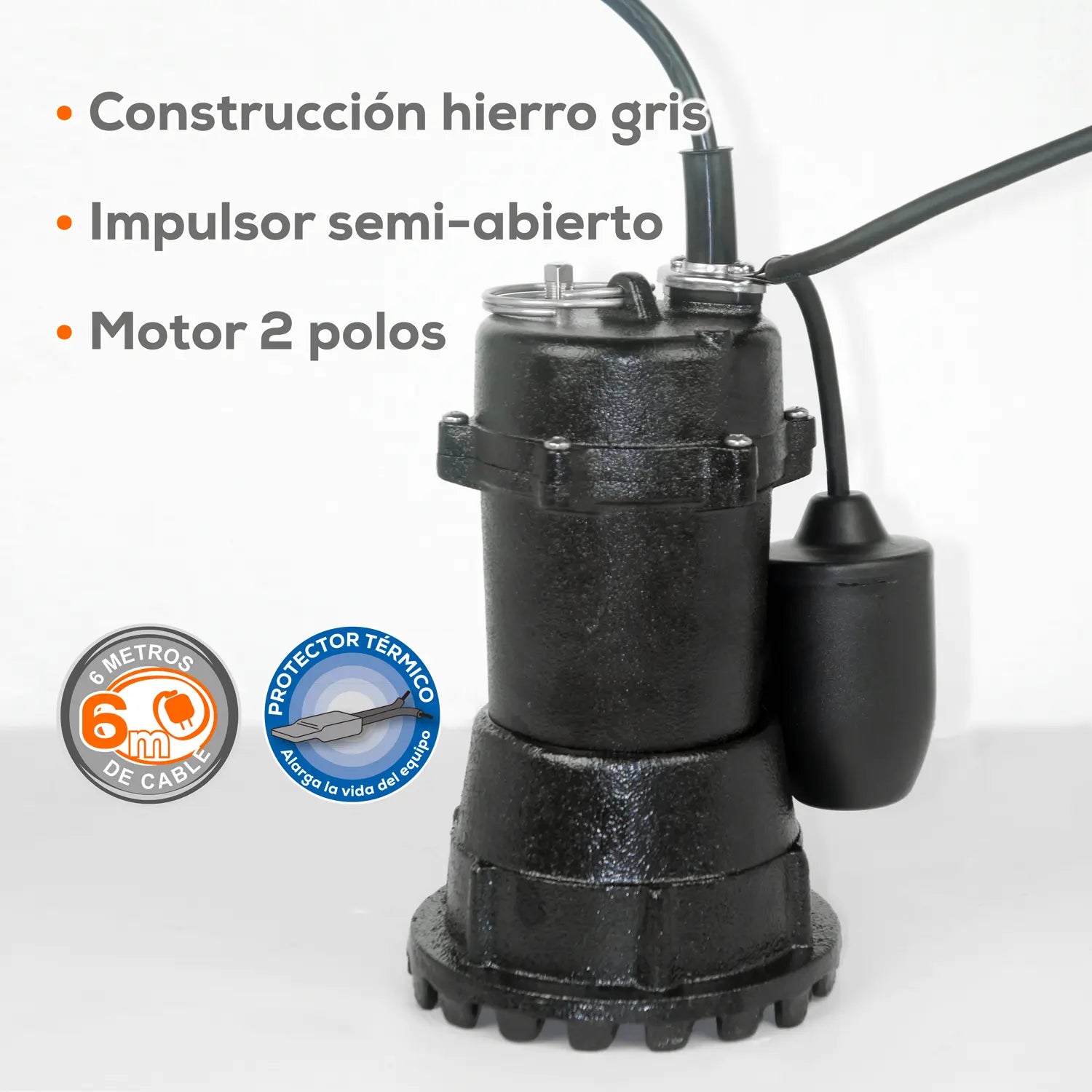 Bomba sumergible para aguas residuales 1/2 HP 235 LPM 115 V monofásico Marca EVANS. Modelo: SV1.5ME050